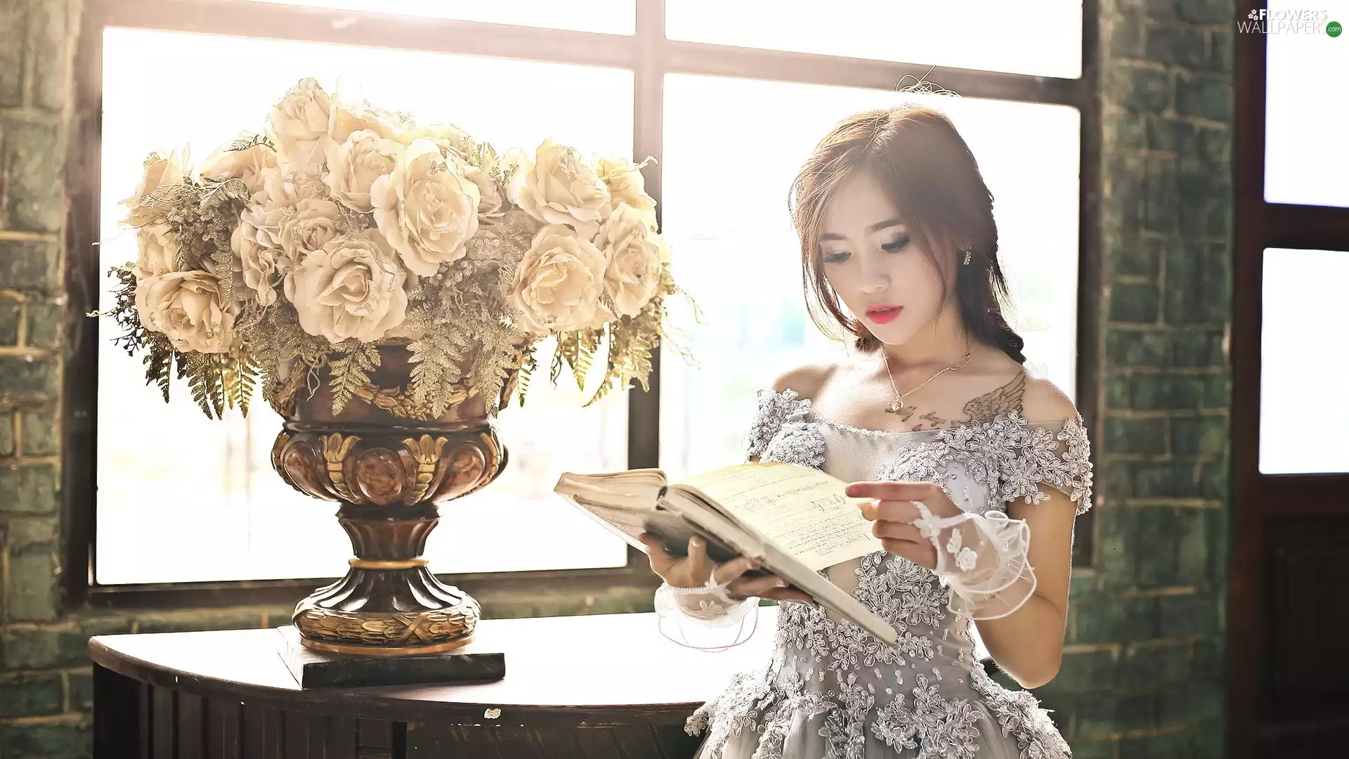 Book, Window, Vase, bouquet, roses, Women, Asian, Flowers