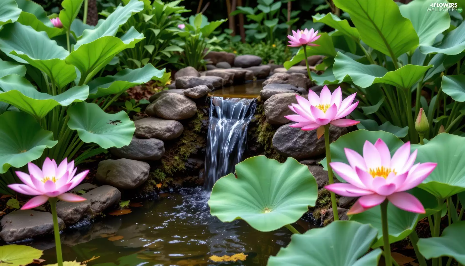 Leaf, Pink, waterfall, Flowers, lotuses, small, Stones