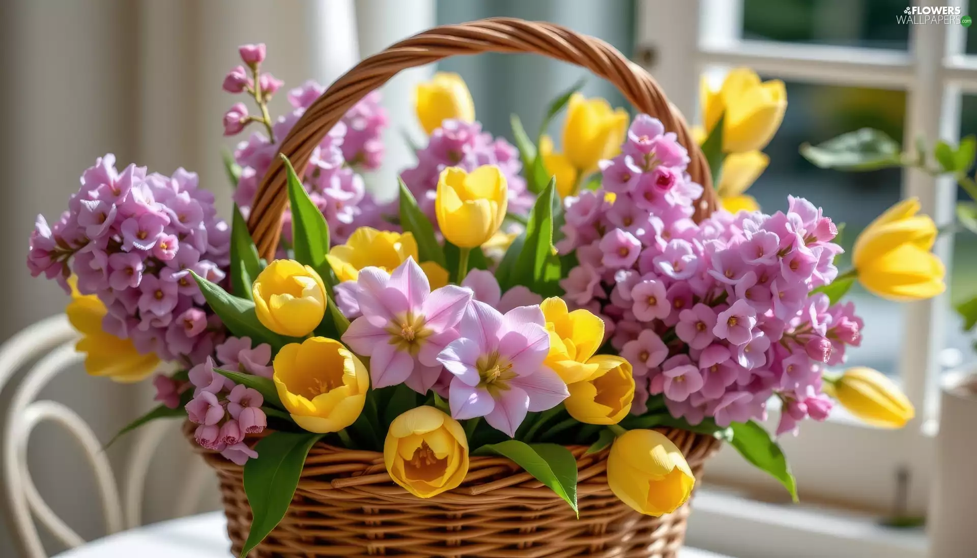 Yellow, Pink, wicker, Flowers, bouquet, Tulips, basket
