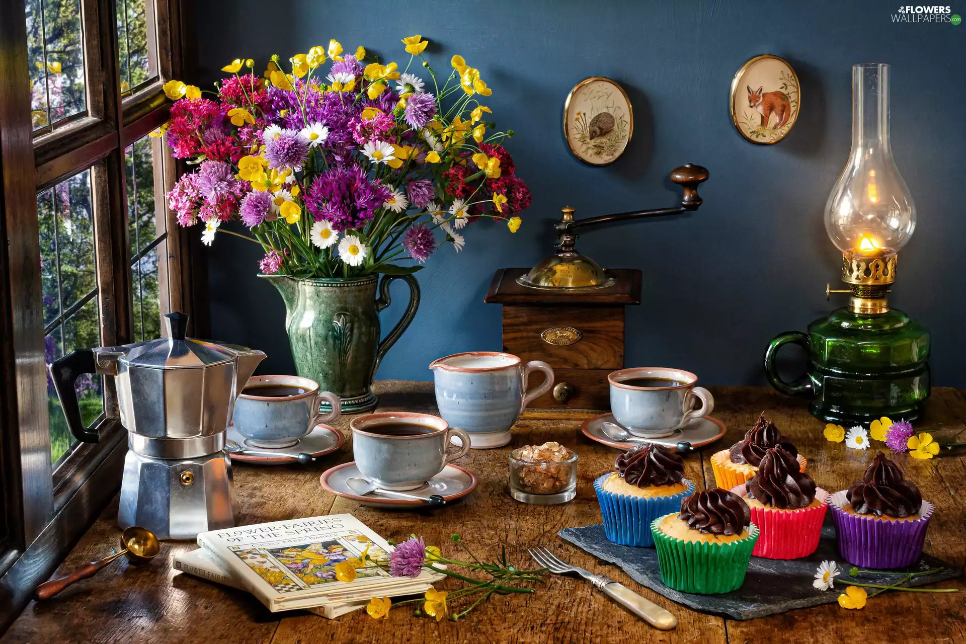 Muffins, Bouquet of Flowers, Lamp, Coffee Percolator, Books, composition, Window, coffee, cups, mill