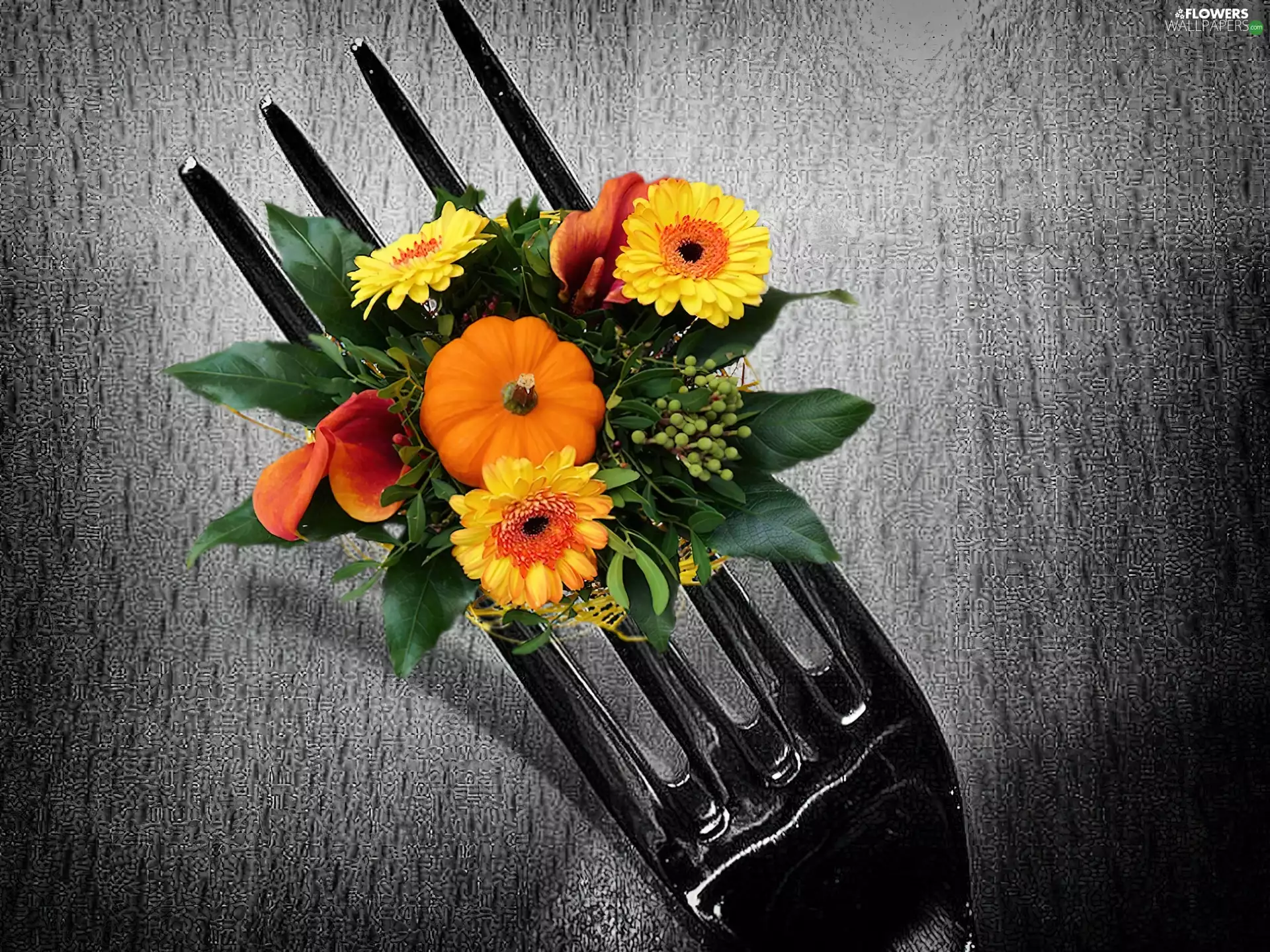 fork, bouquet, flowers