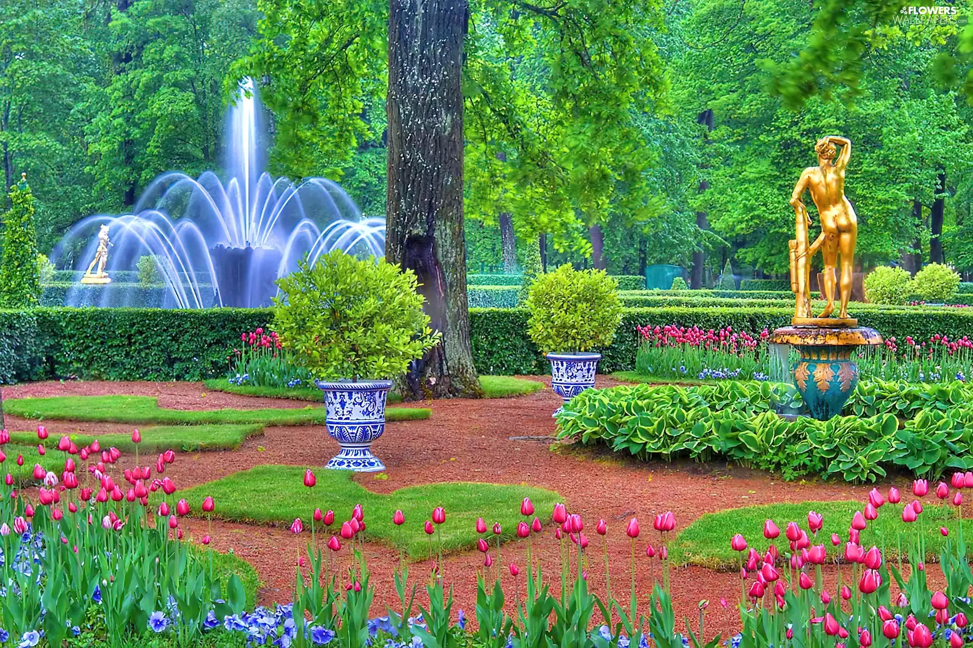 Golden, Statue monument, fountain, Tulips, Park