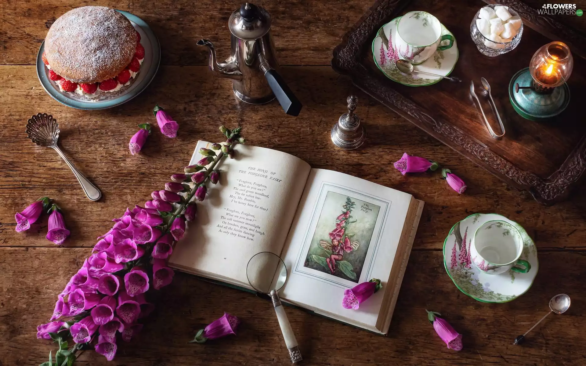 Lamp, cake, plate, Flowers, cups, Book, composition, foxglove