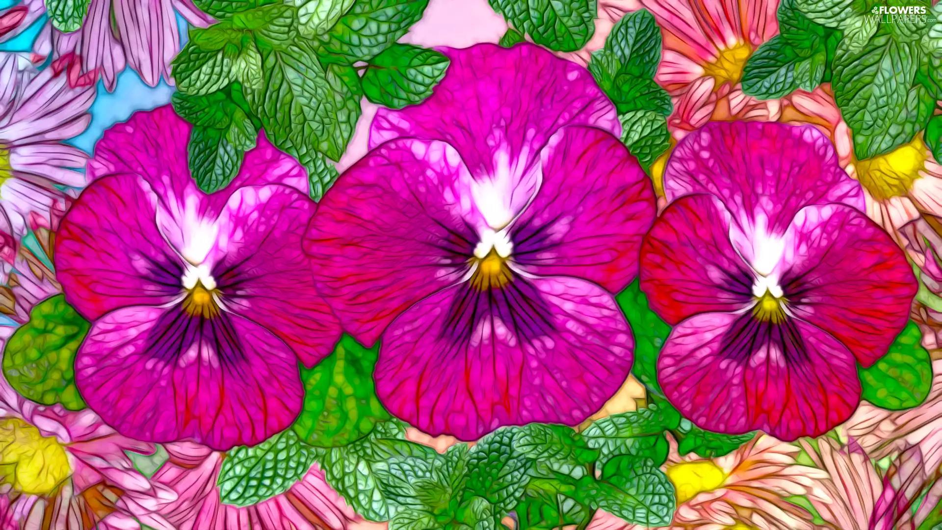 graphics, Fractalius, leaves, pansies, Flowers