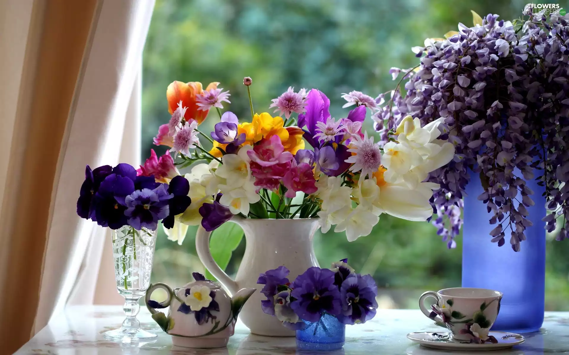 freesia, wistaria, flowers, pansy, Bouquets