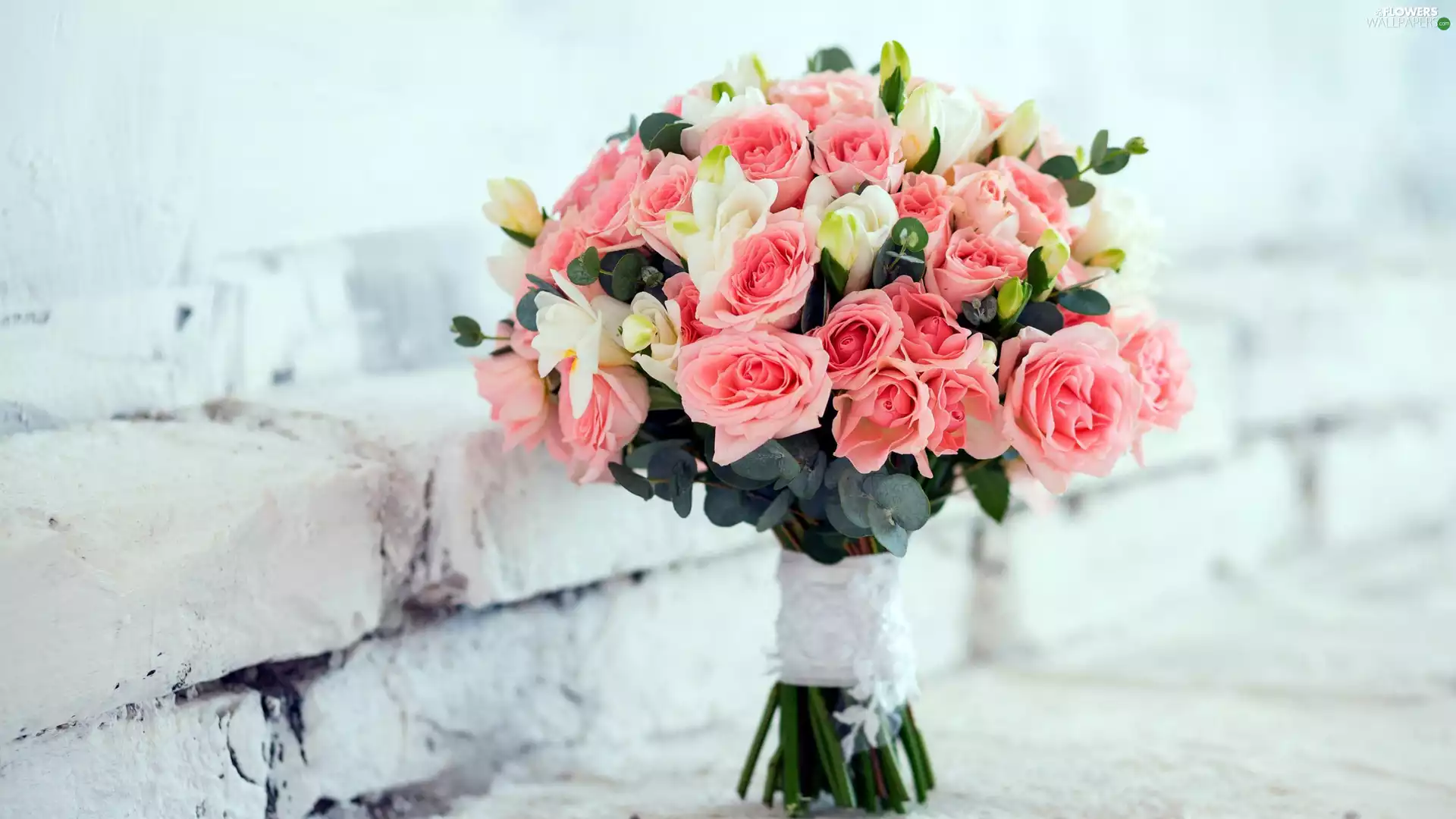 Pink, Flowers, White, Freesias, roses, bouquet