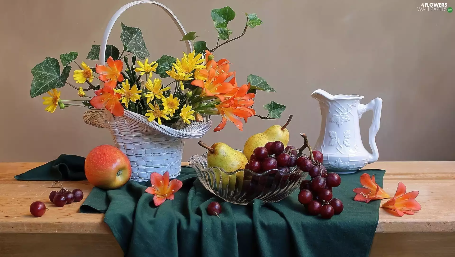 Fruits, Flowers, truck concrete mixer, Alstroemeria, composition, Apple, Grapes