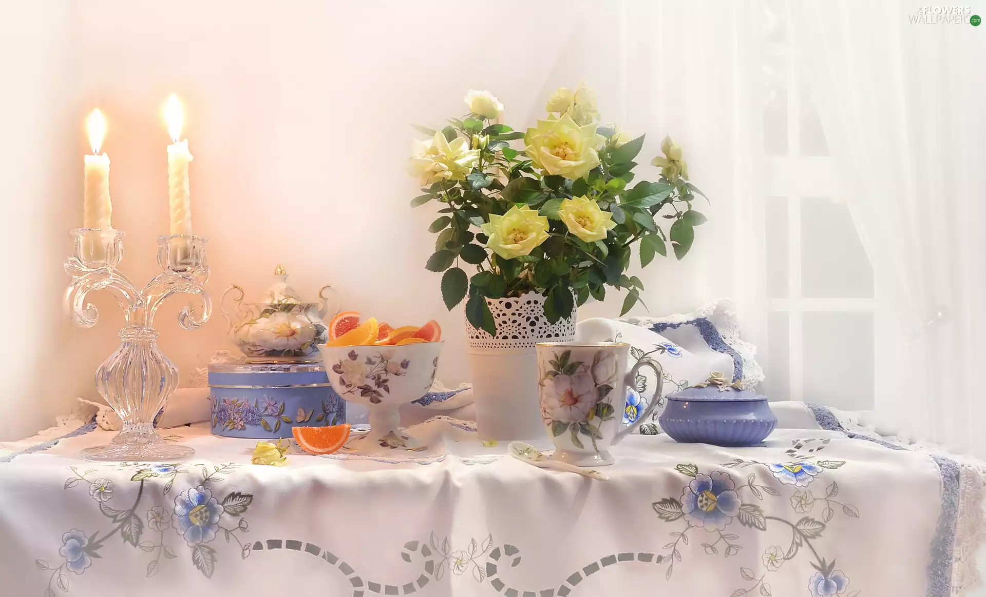 Vase, candlestick, composition, Candles, cup, roses, Flowers, Fruits