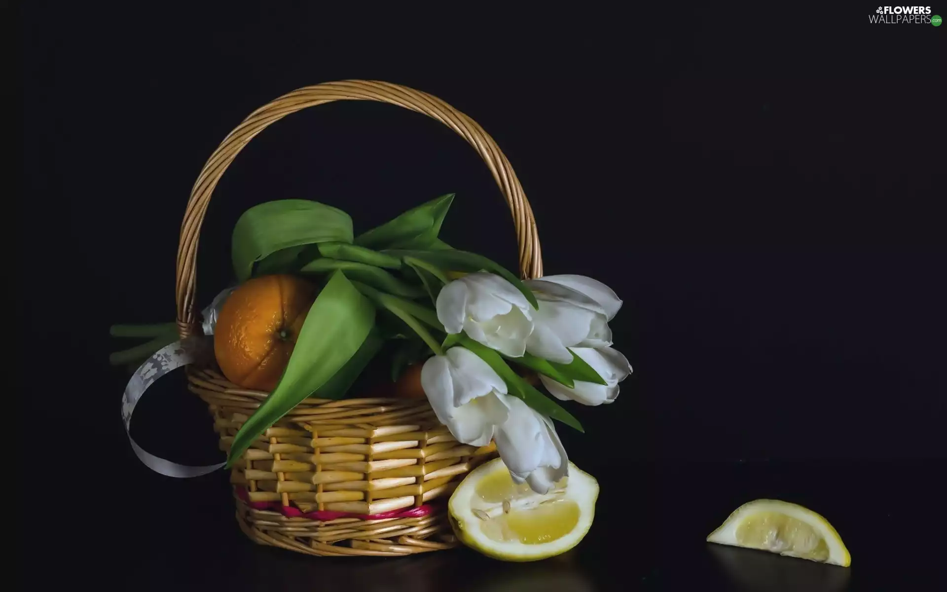 basket, Fruits, white, tulips, bouquet