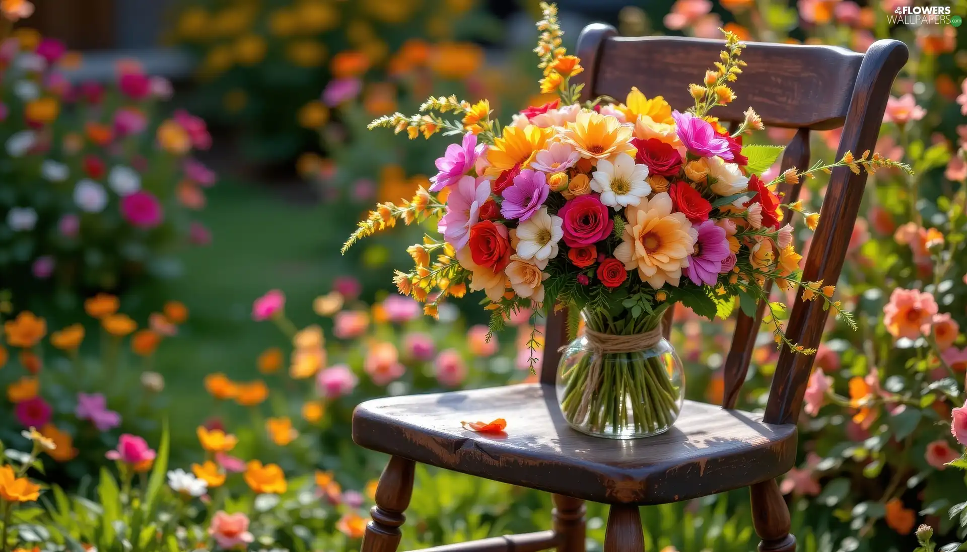 Chair, Garden, color, bouquet, Flowers