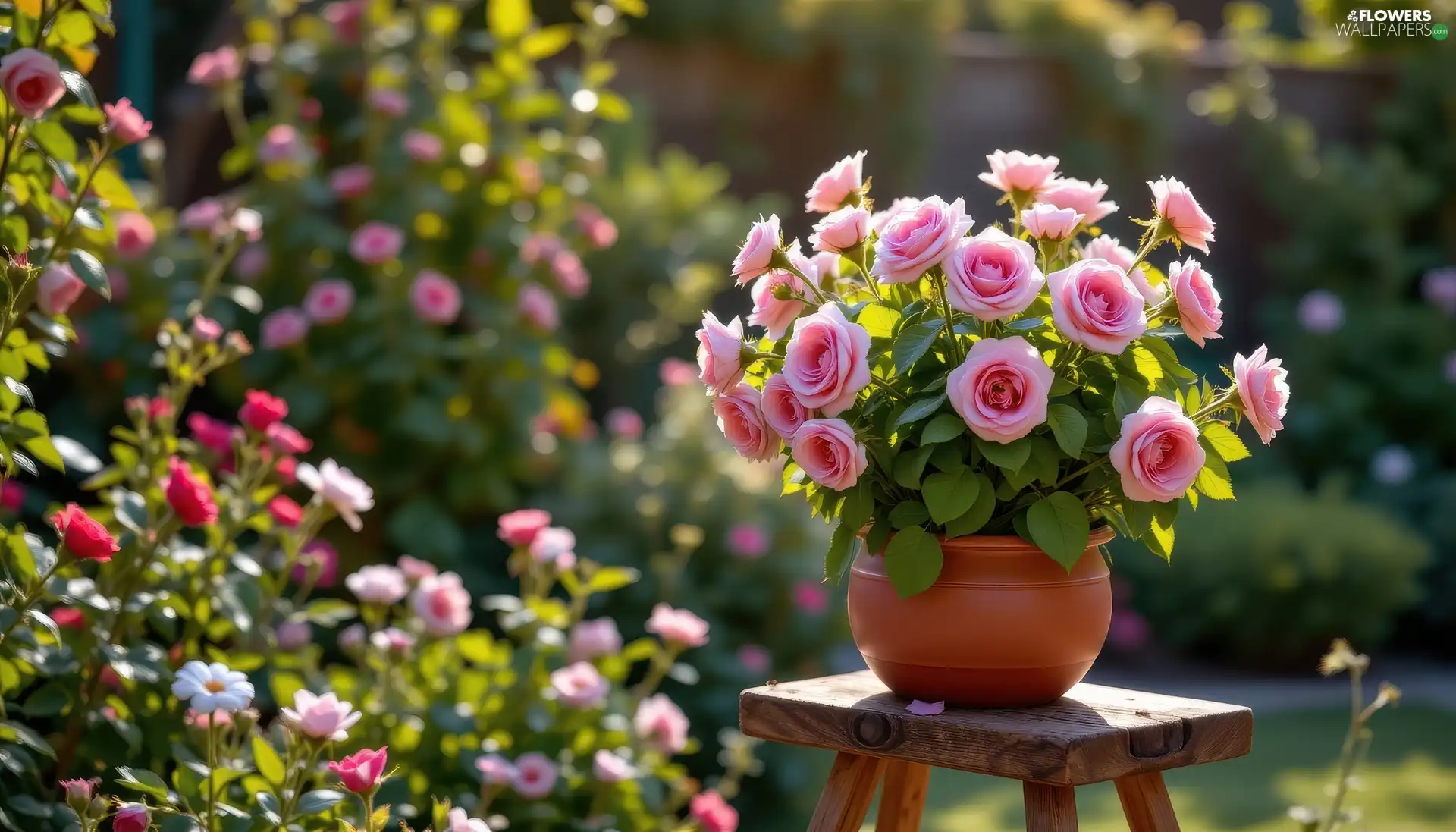 bowl, Flowers, table, Garden, wooden, roses