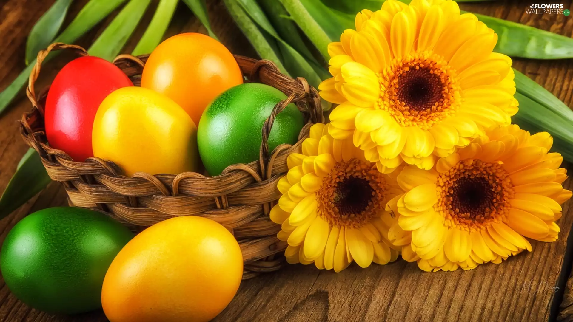 basket, Easter, eggs, gerberas, color, composition