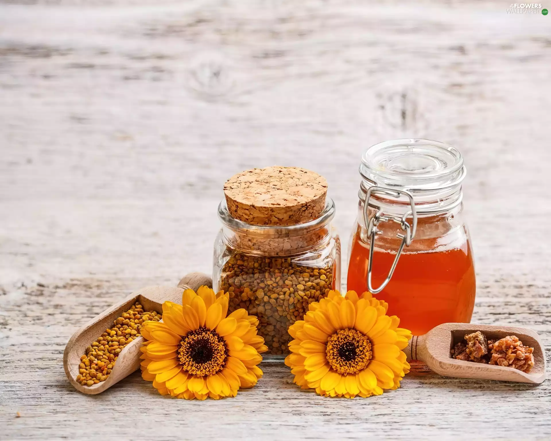 wood, Yellow, Jars, gerberas, Two, Spoons, honey