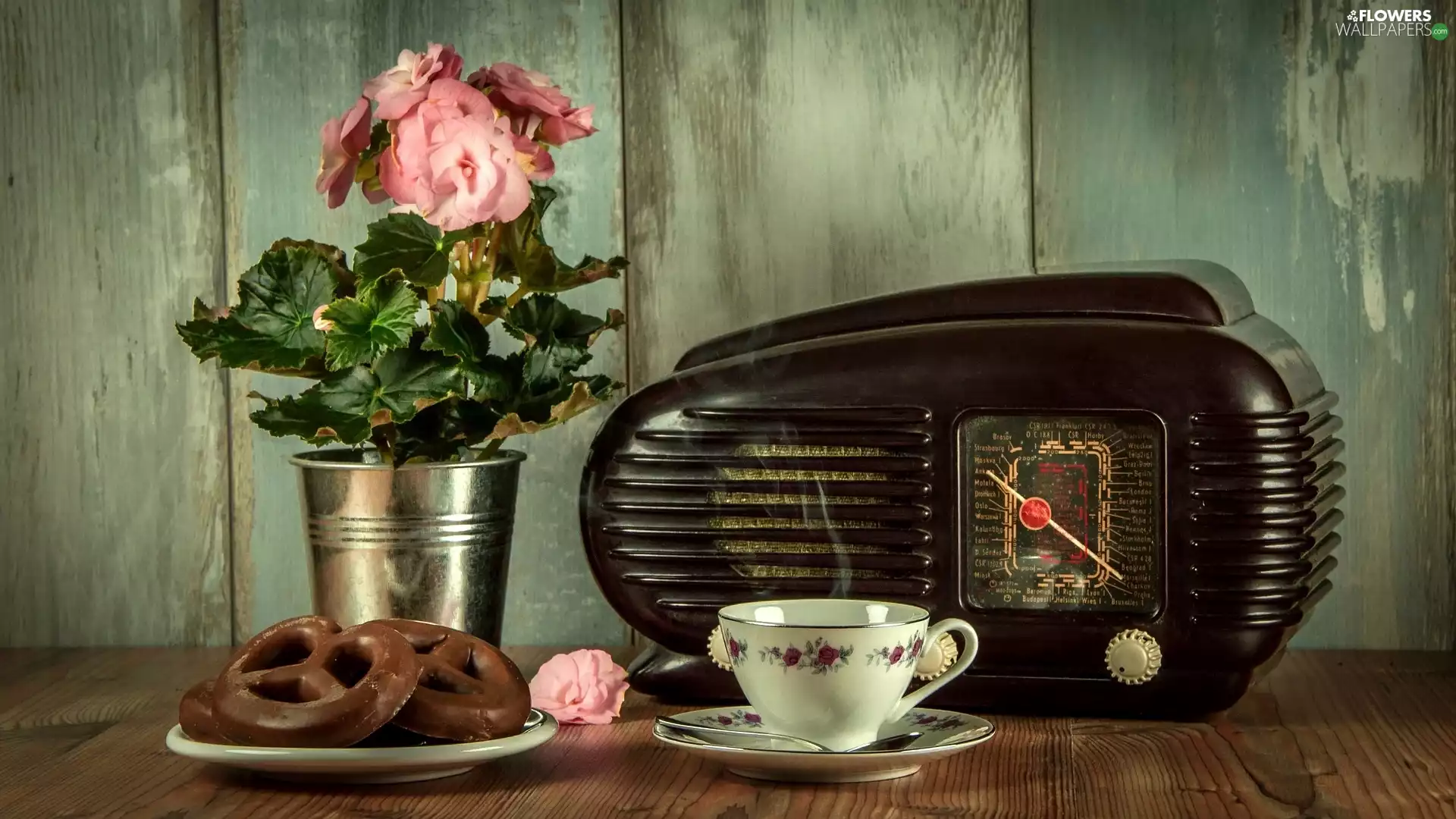 Colourfull Flowers, antique, Gingerbread, cup, begonia, radio