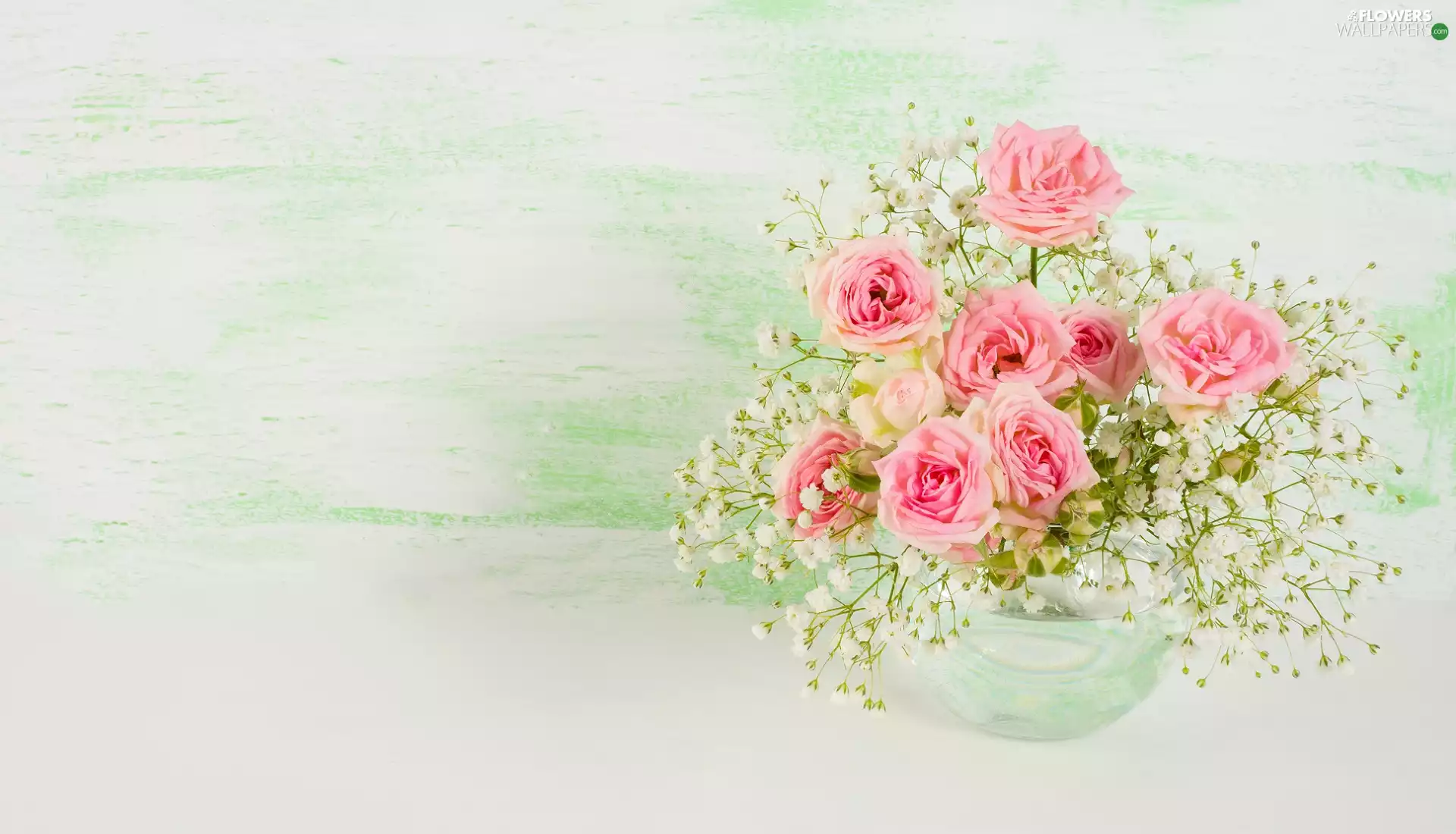 bouquet, glass, roses, Gipsówka, Pink, vase