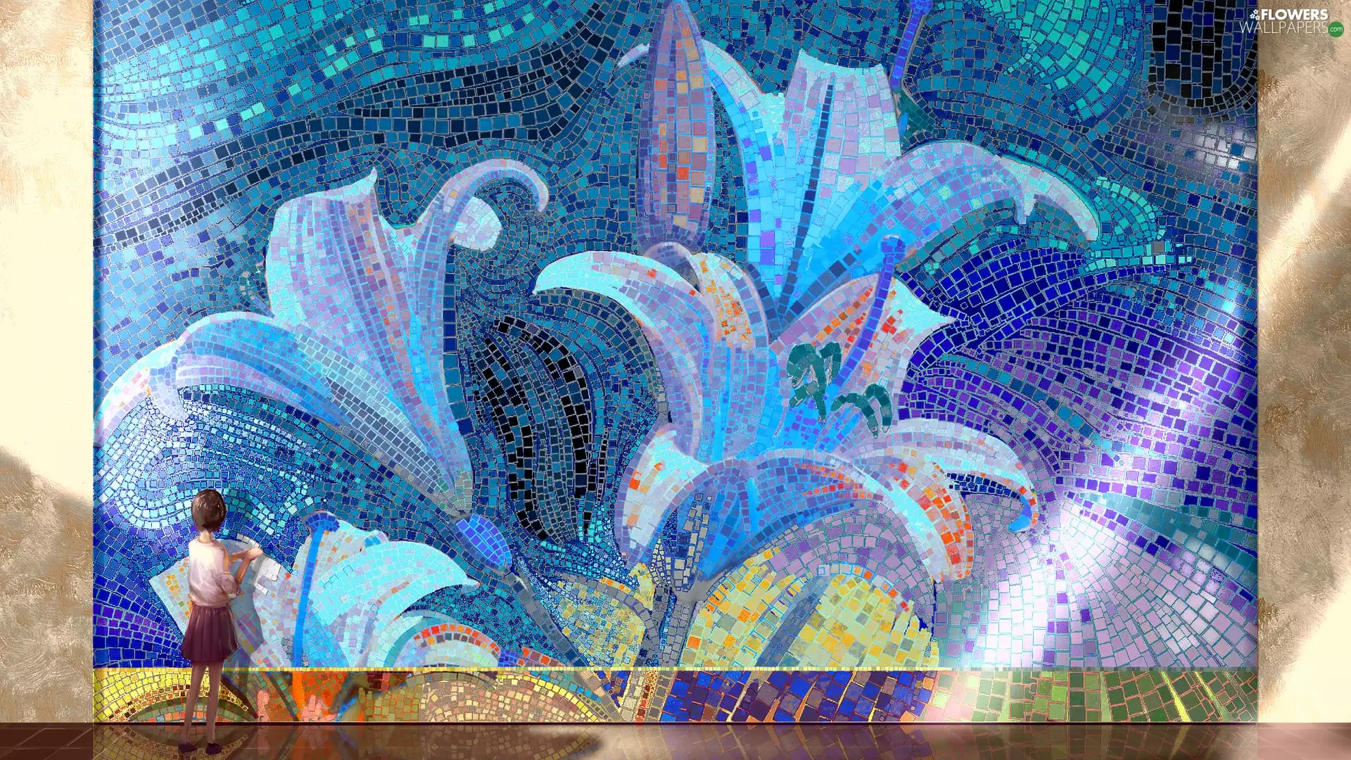 graphics, Mosaic, lilies, girl