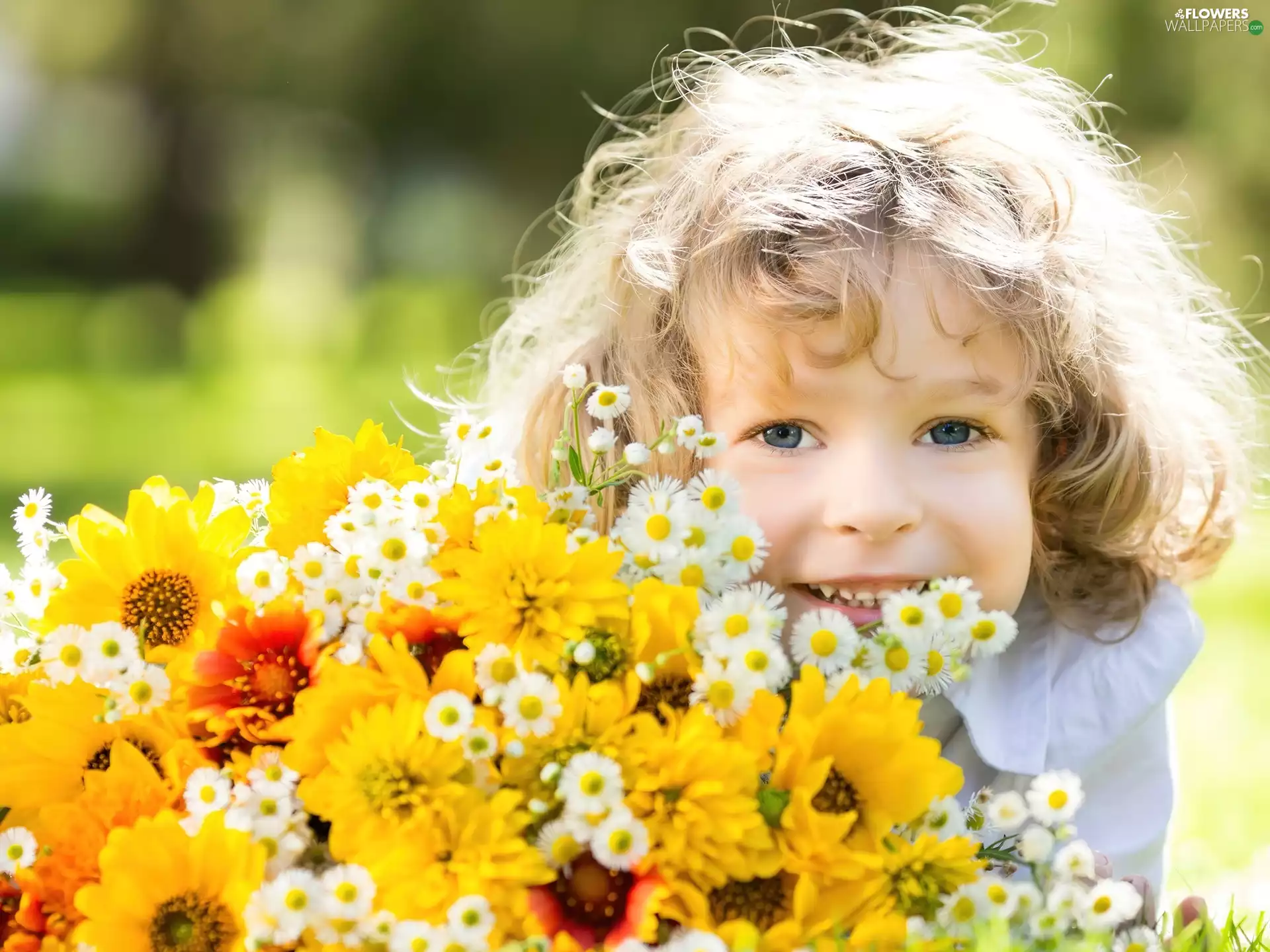 happy, bouquet, flowers, girl