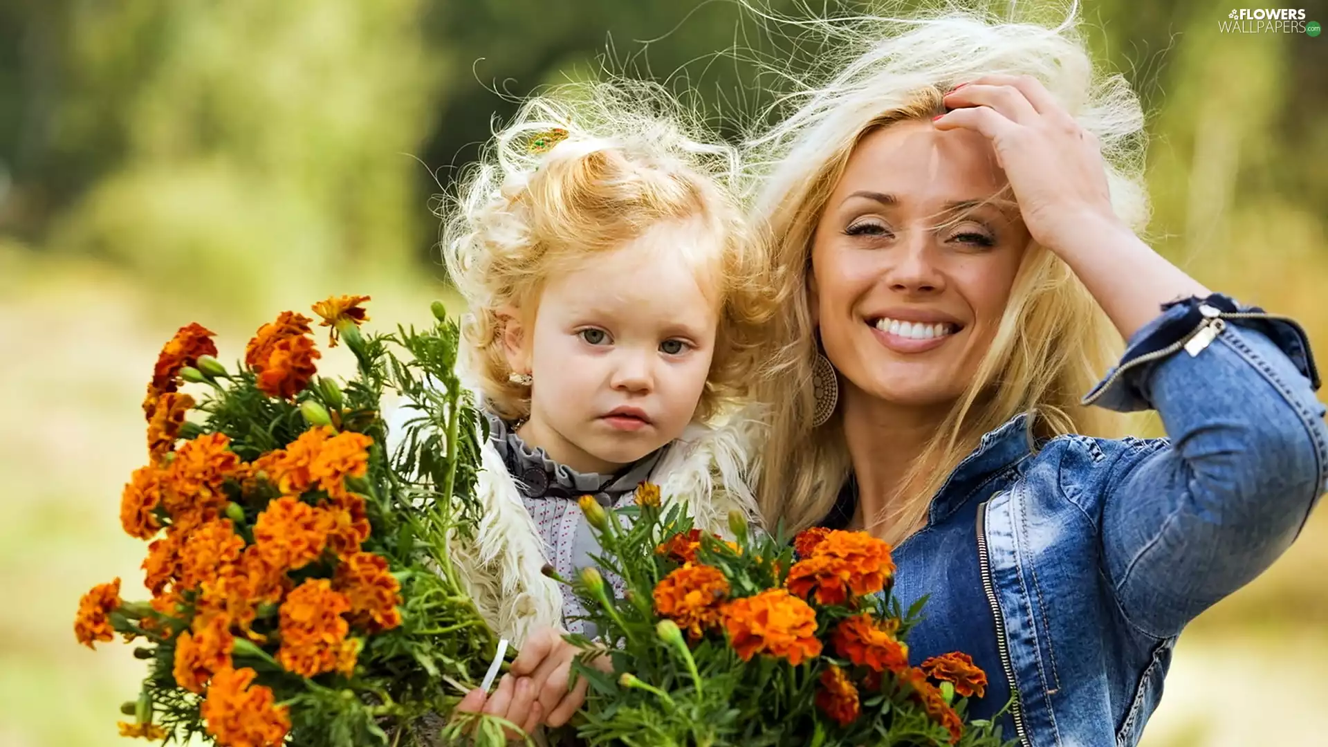 Women, armful, marigolds, girl