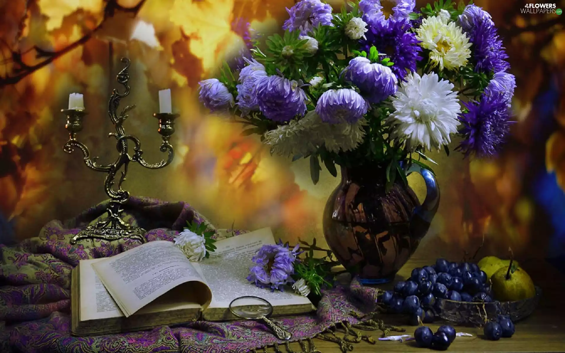 bouquet, composition, Astra, Vase, Truck concrete mixer, candlestick, magnifying glass, Grapes, Book