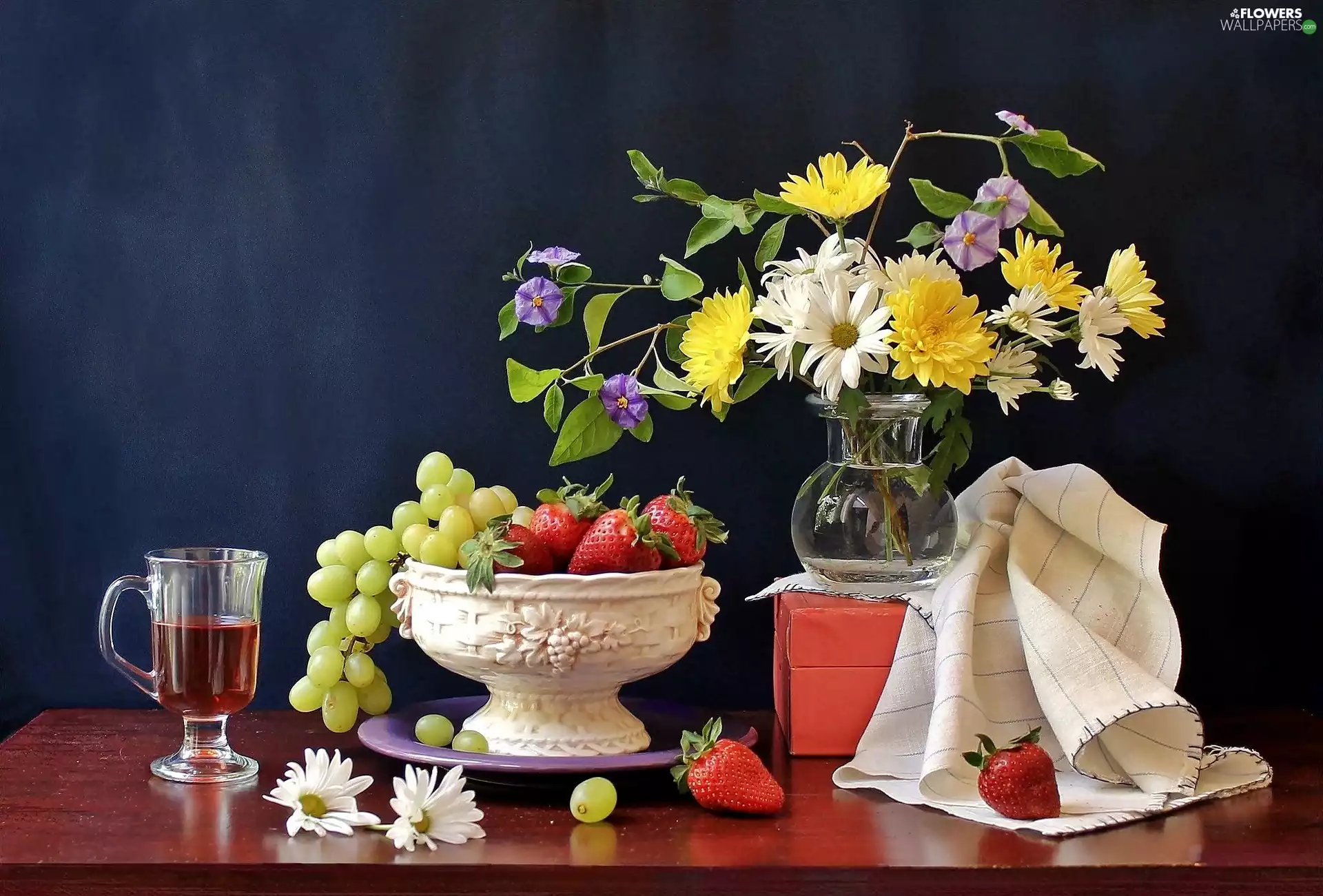 pottery, glass, bouquet, Fruits, color