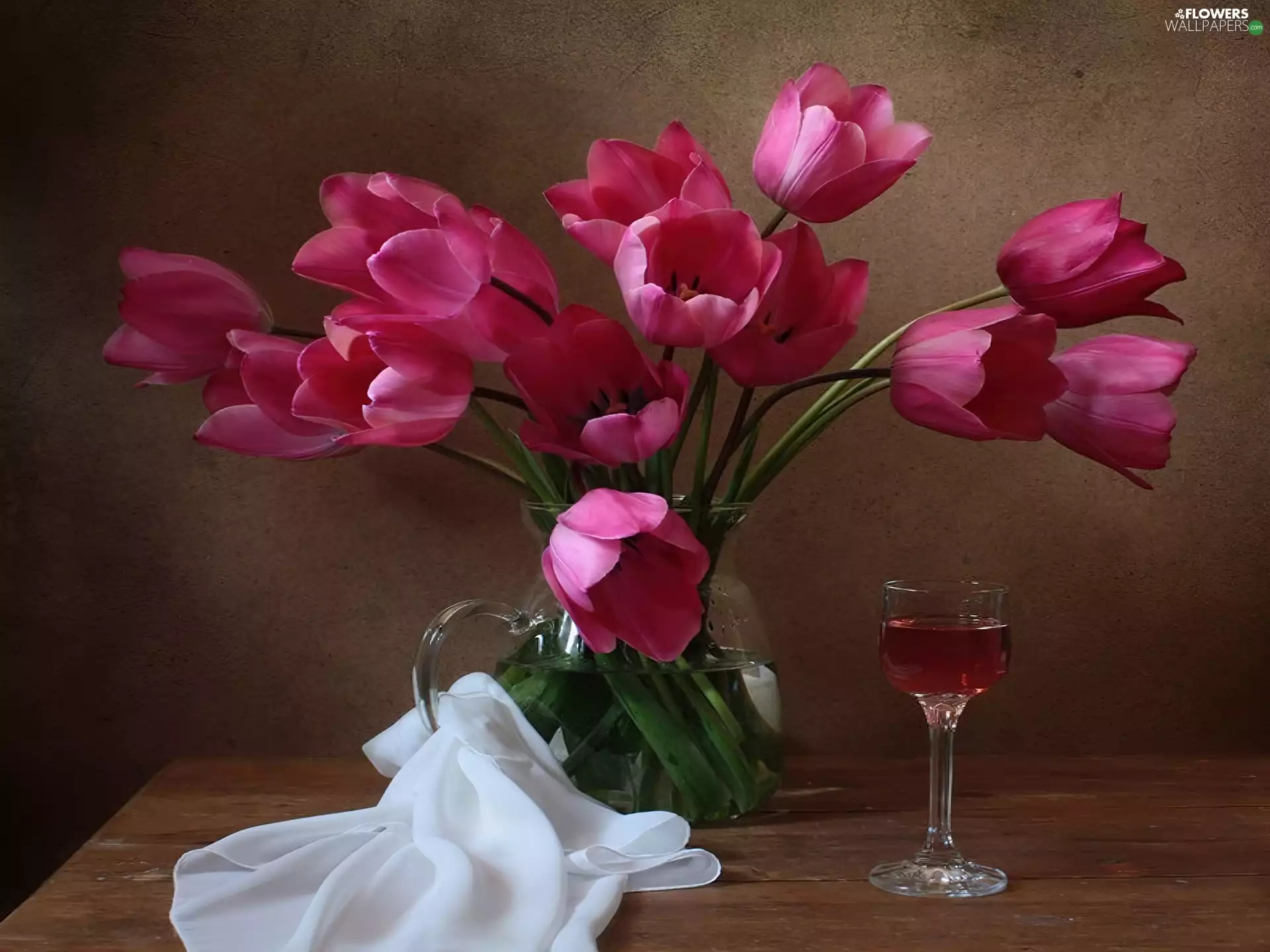 jug, Tulips, shawl, glass