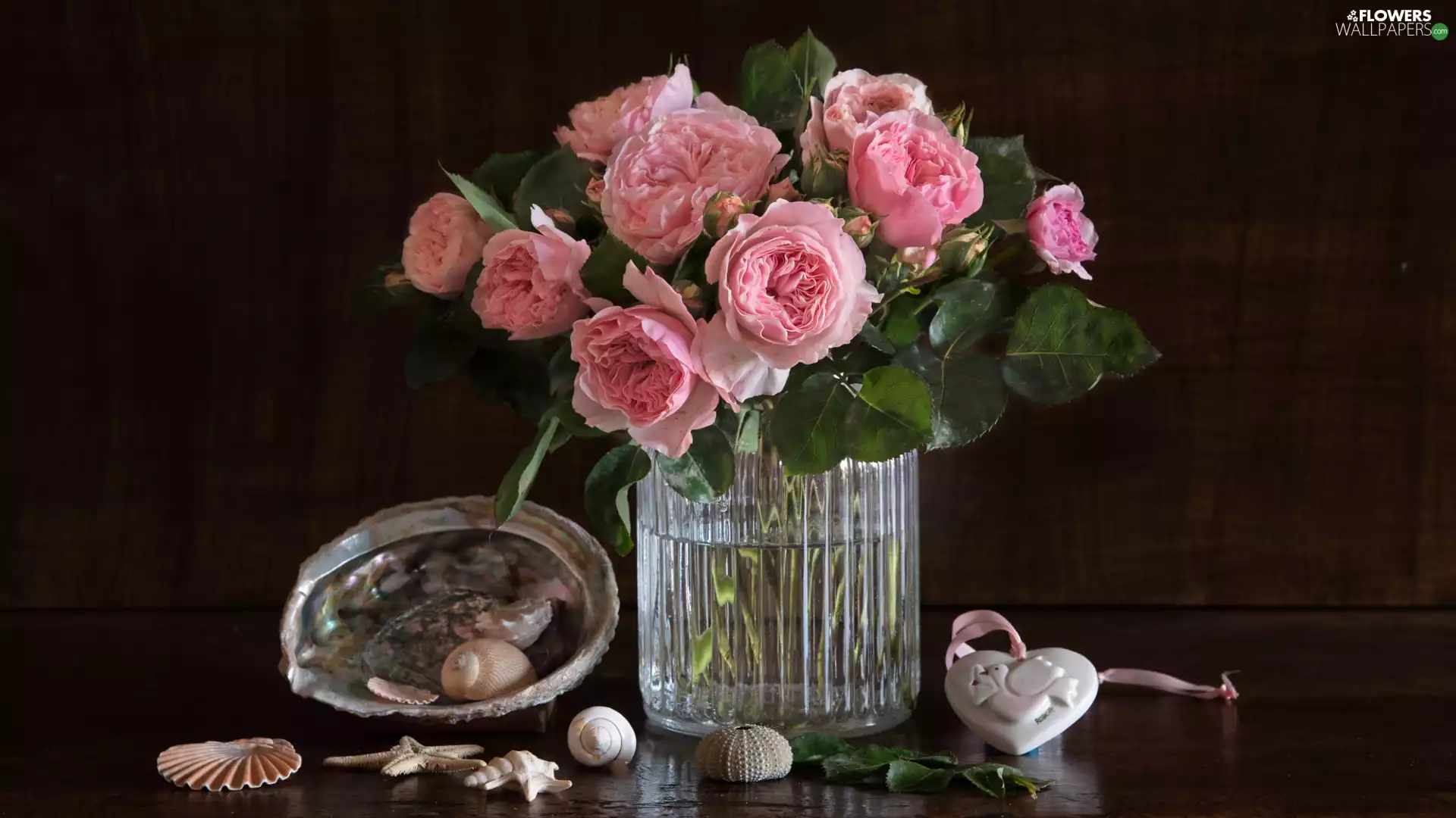 glass, Vase, composition, Shells, Table, roses, Pink, Heart teddybear