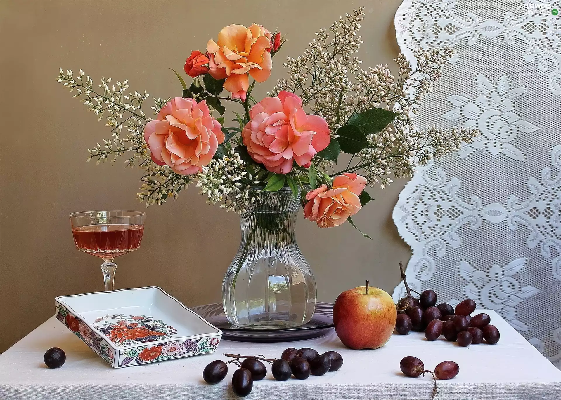 Grapes, glass, roses, Apple, composition