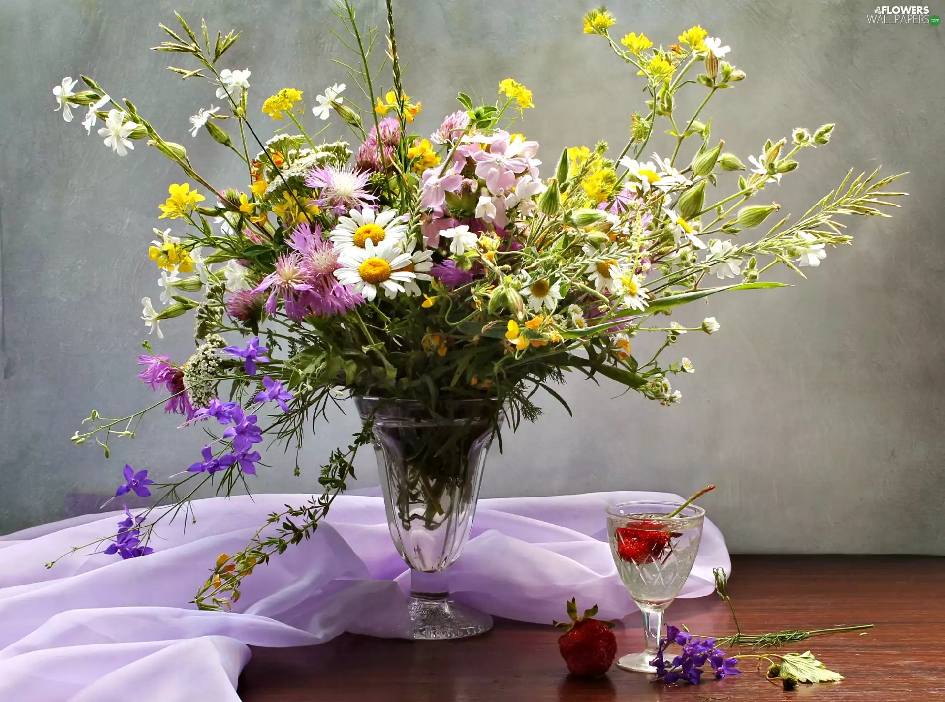 strawberries, composition, textile, glass, Bouquet of Wildflowers