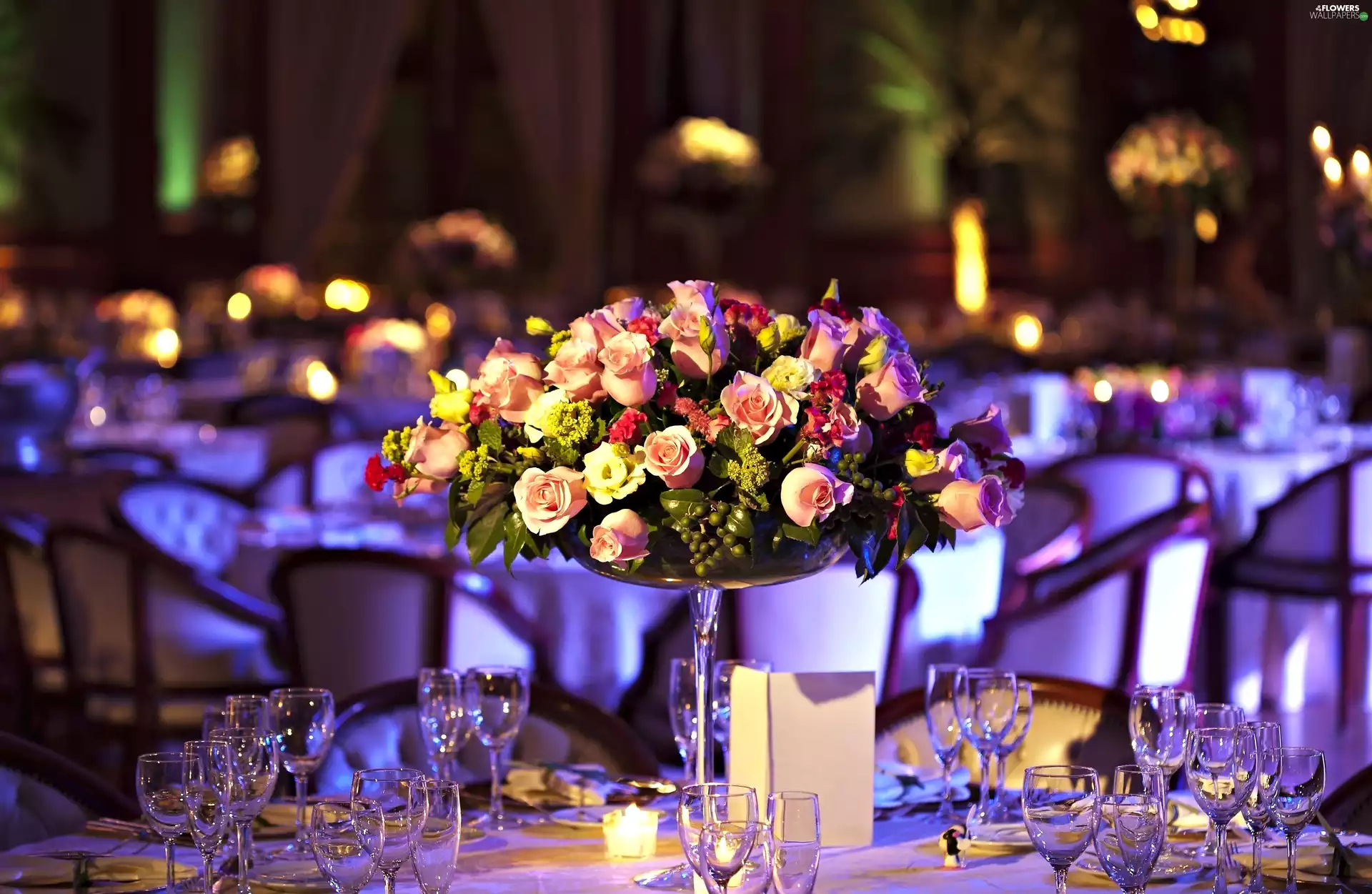 Pink, bouquet, glasses, roses