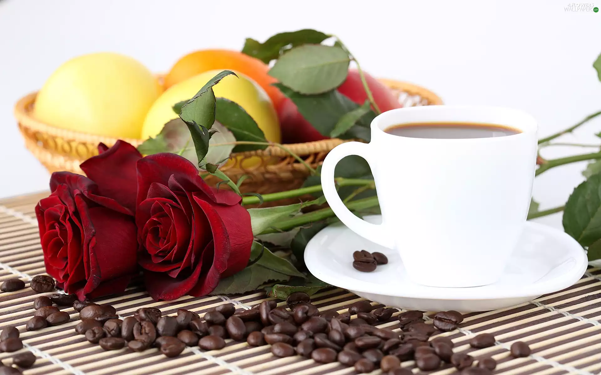 Red, coffee, Flowers, grains, roses, cup