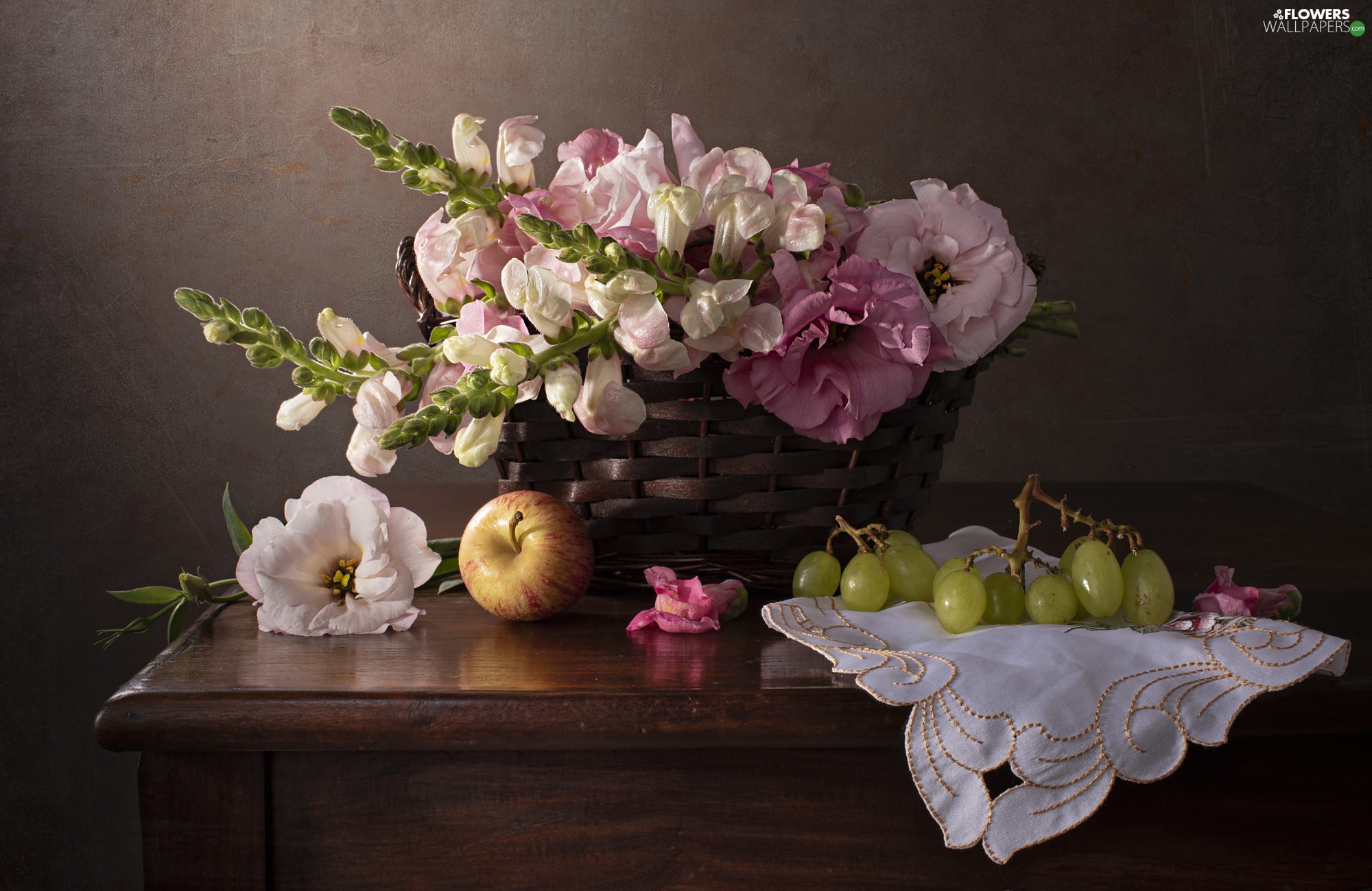Apple, Grapes, bouquet, basket, Flowers