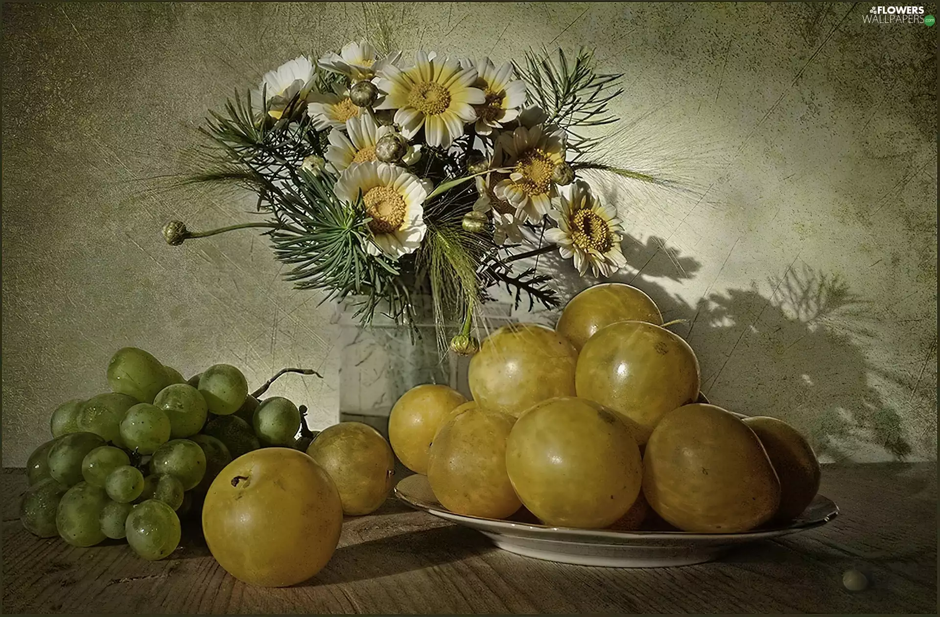 plums, bouquet, flowers, Grapes