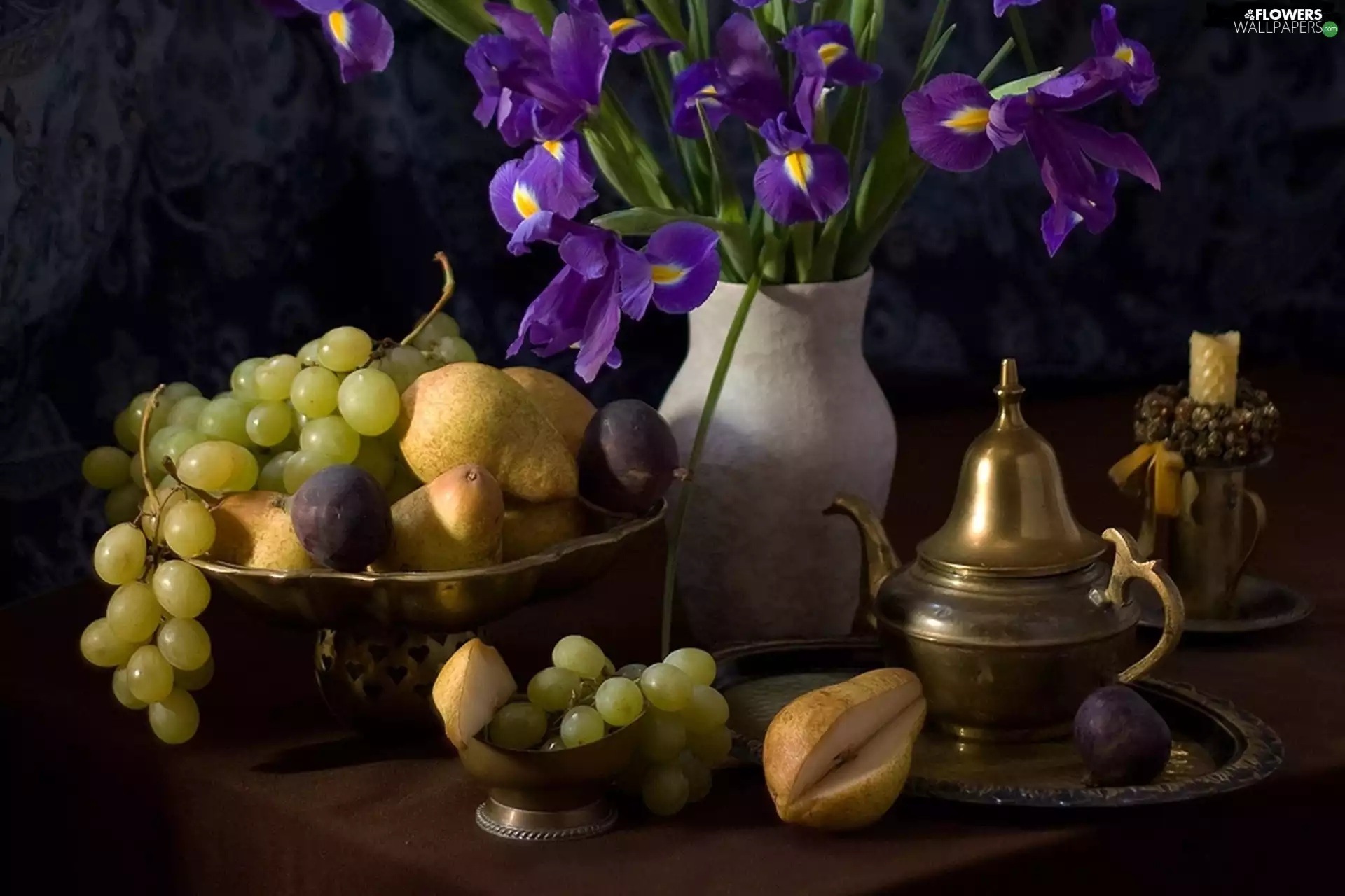 Irises, Grapes, truck concrete mixer