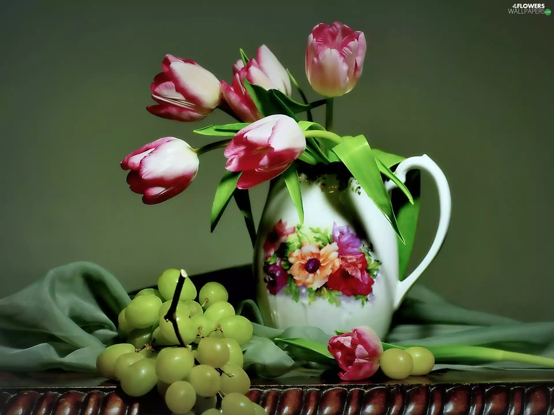Grapes, jug, Tulips