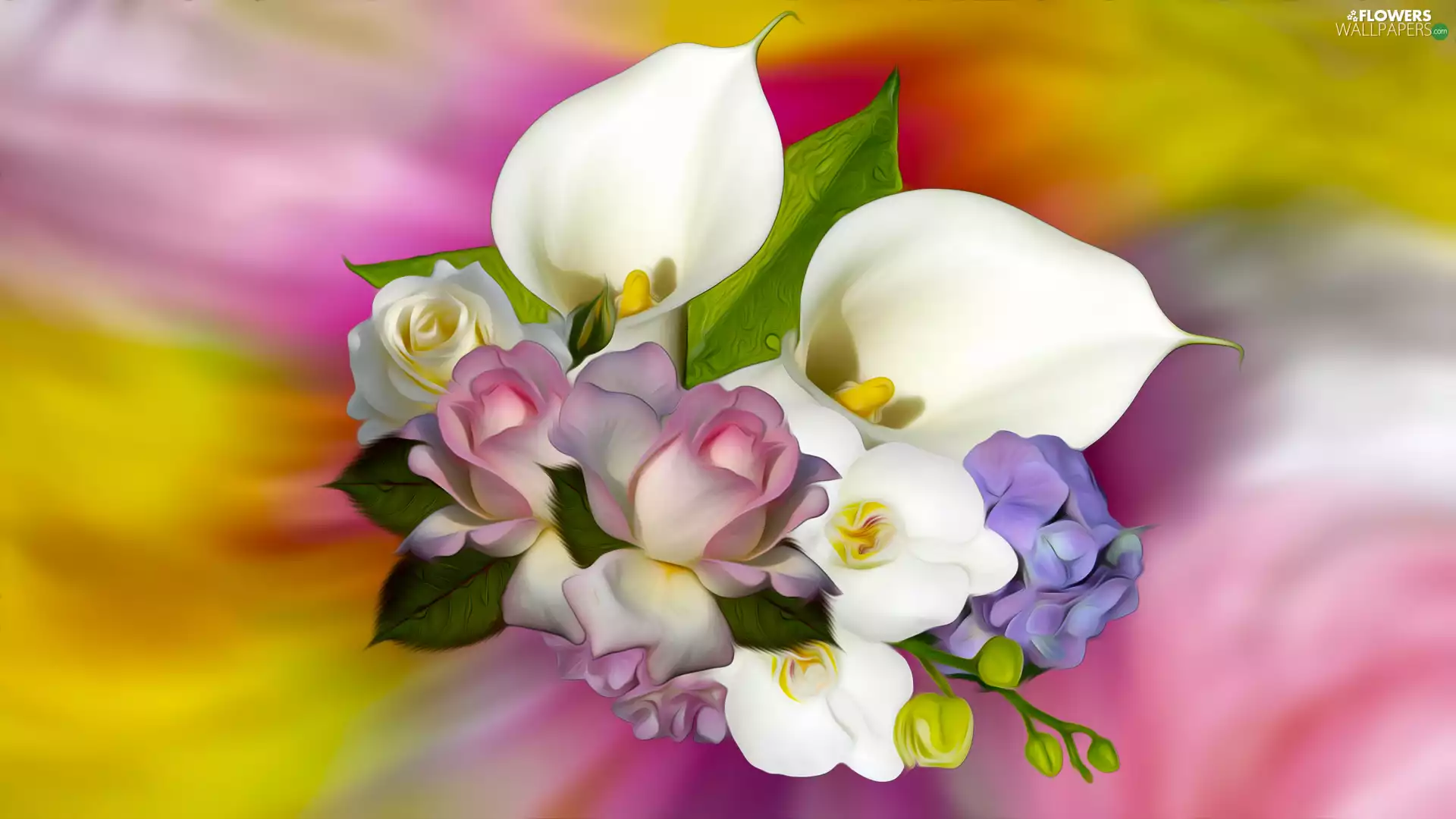 roses, Flowers, bouquet, graphics, orchids, Calla