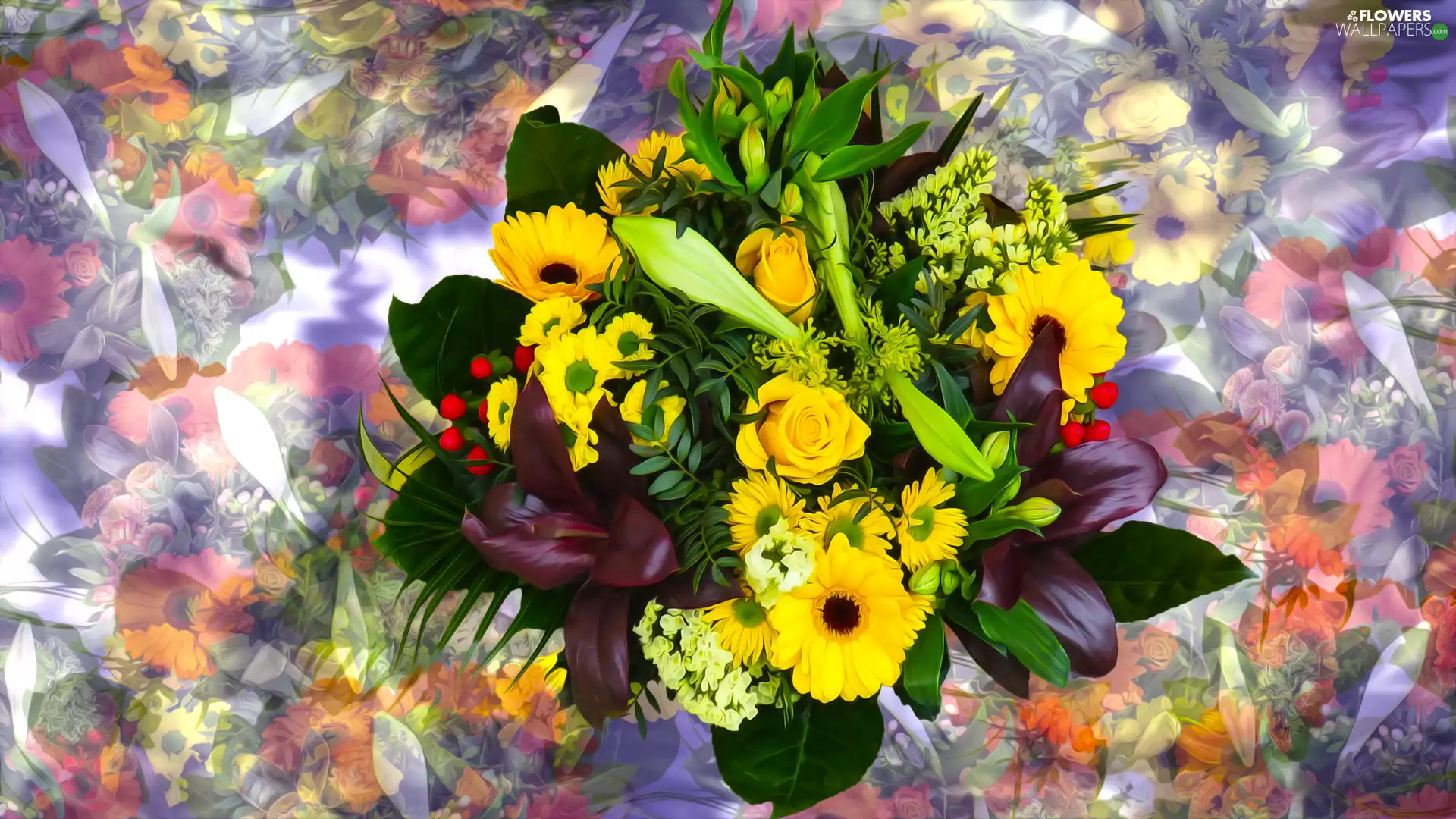 gerberas, Flowers, Colorful Background, roses, Yellow, bouquet, graphics