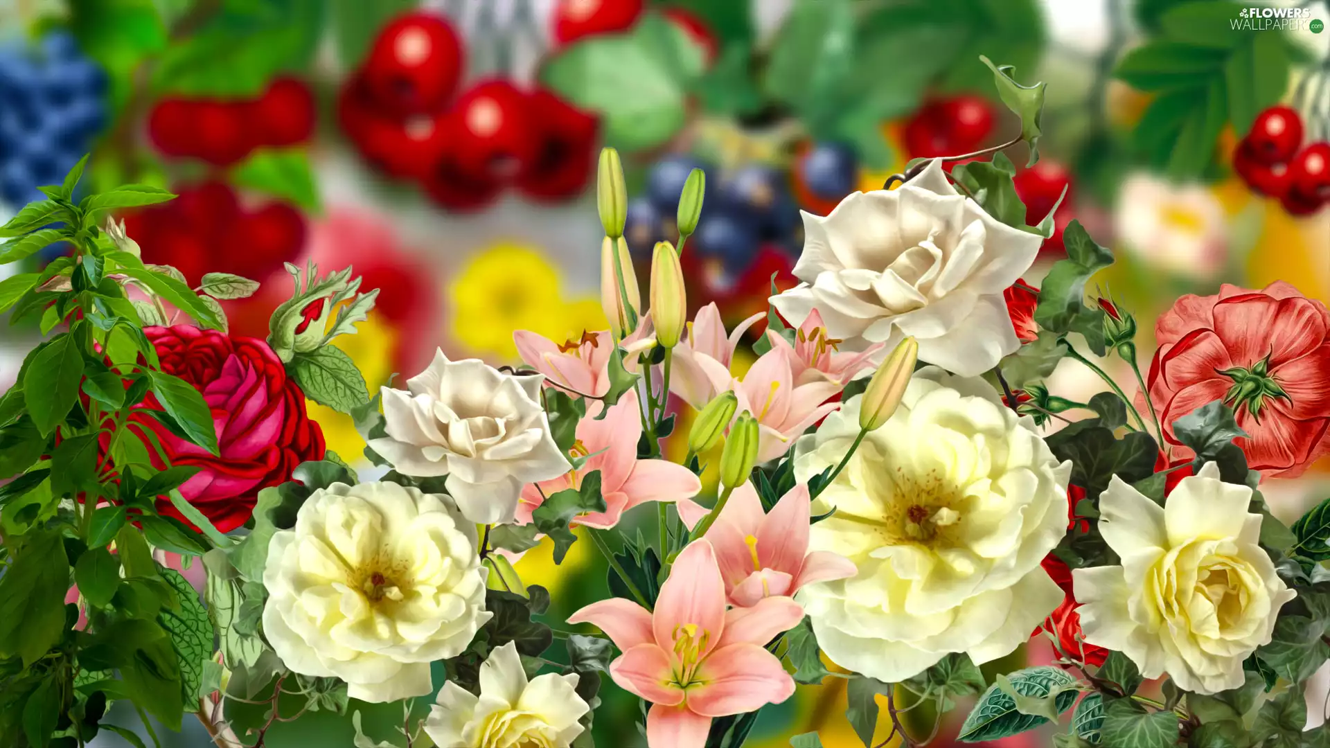 lilies, graphics, Flowers, roses, color