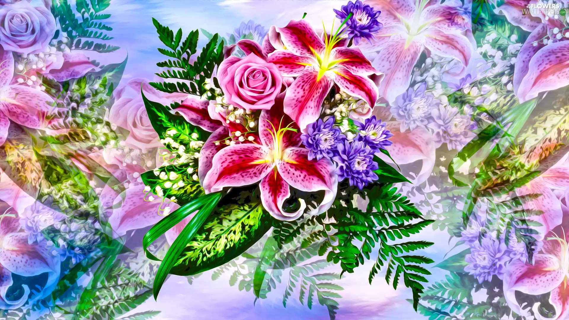 polypody, graphics, lilies, bouquet, Flowers