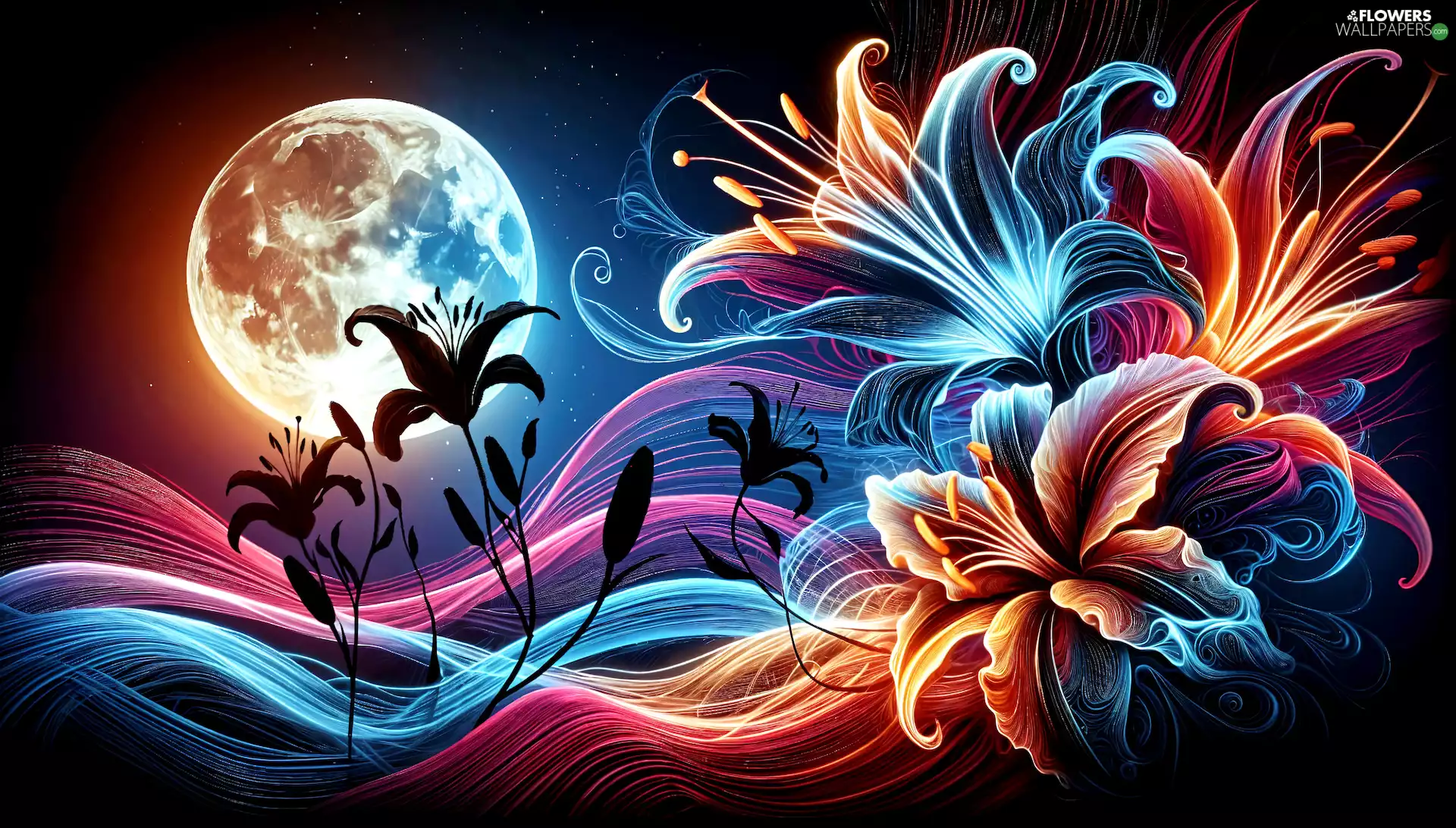 moon, Flowers, Waves, graphics, lines, lilies