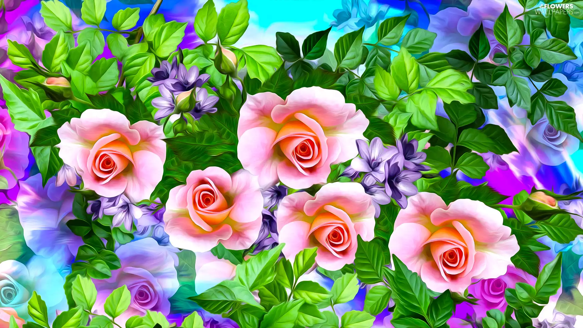 Leaf, graphics, Pink, roses, Flowers
