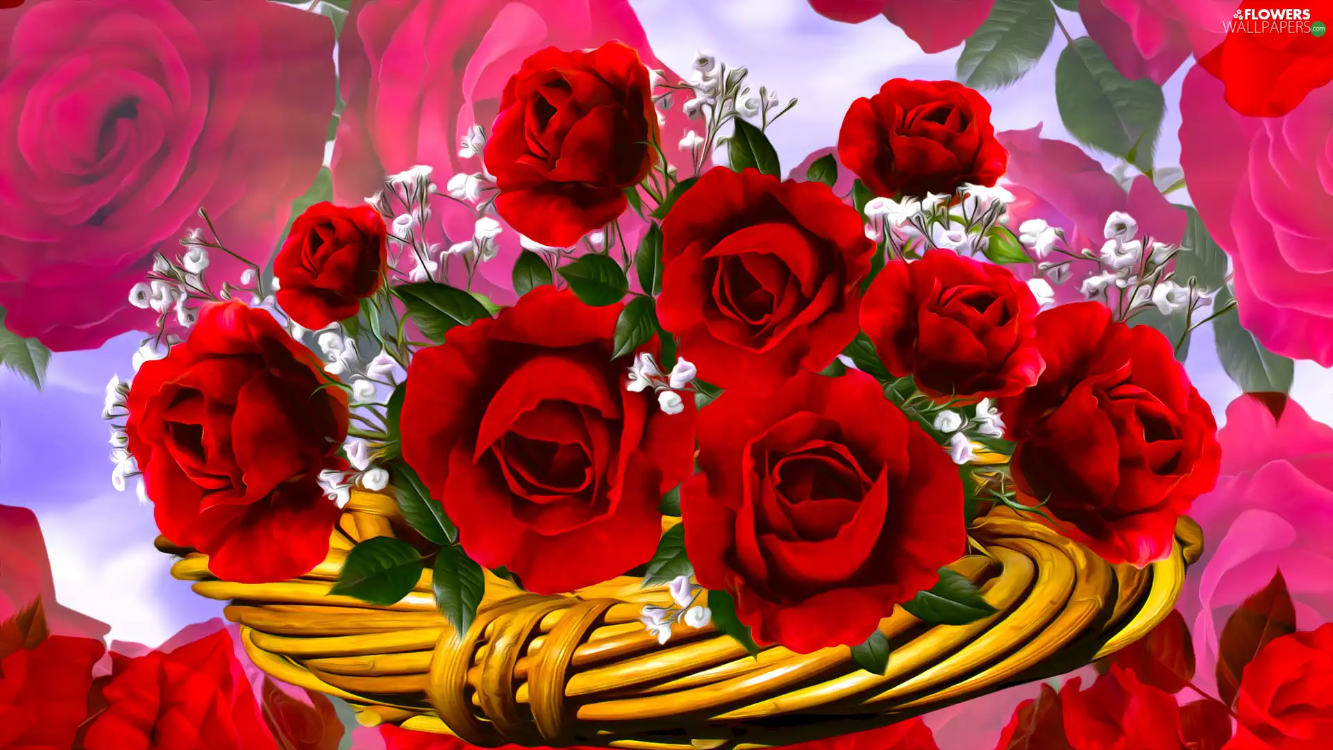 basket, graphics, Red, roses, Flowers
