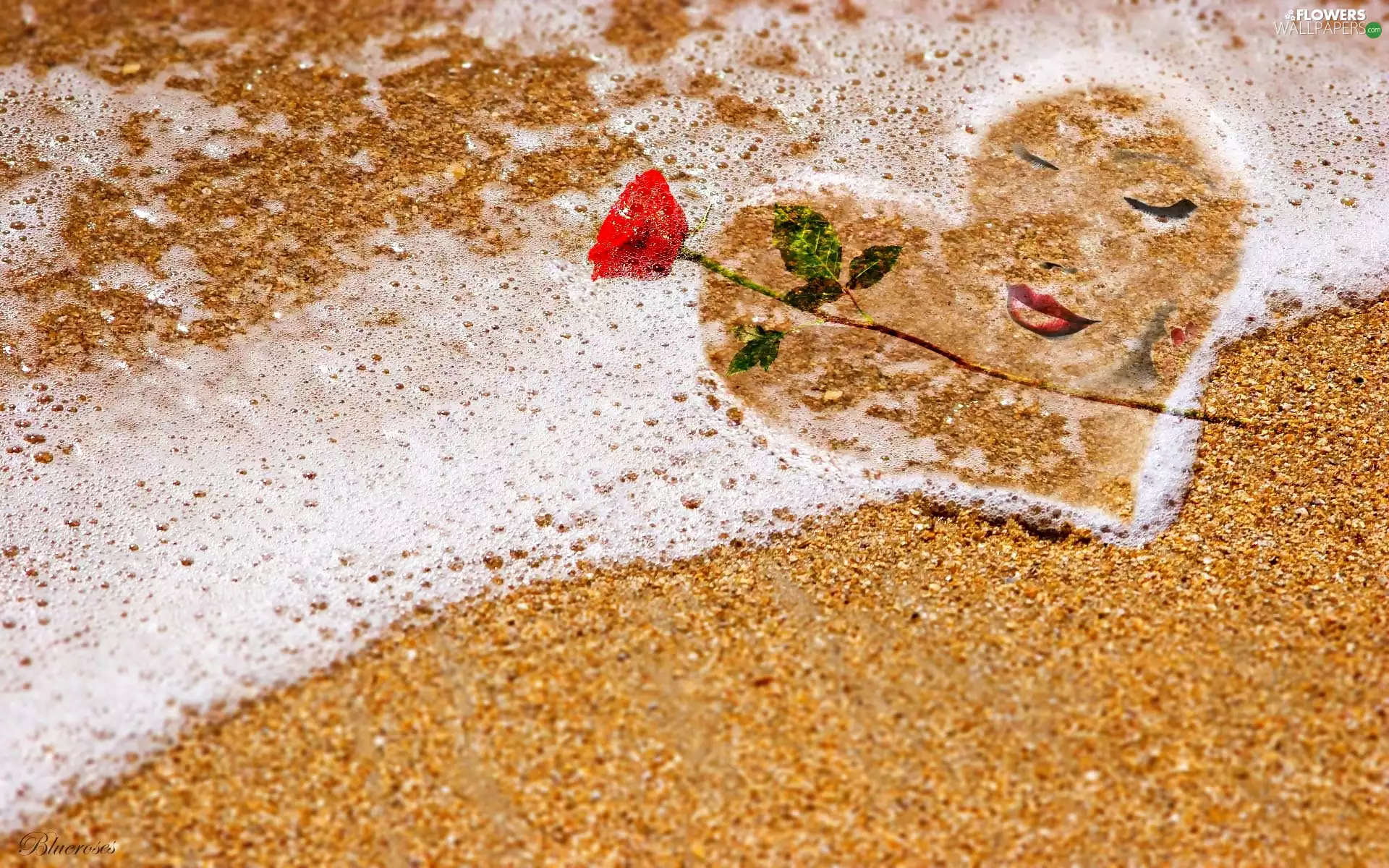 water, graphics, rose, Sand, Heart