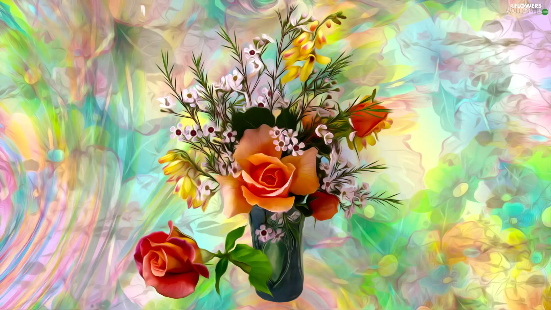 Vase, graphics, roses, bouquet, Flowers