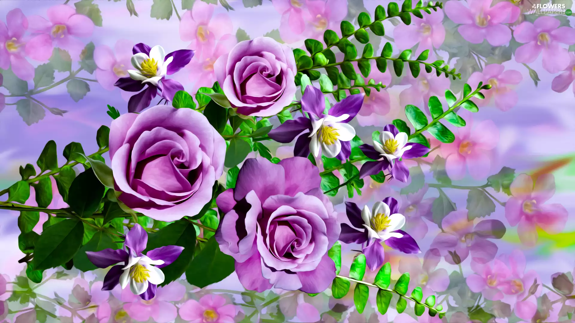 polypody, graphics, roses, columbine, Flowers