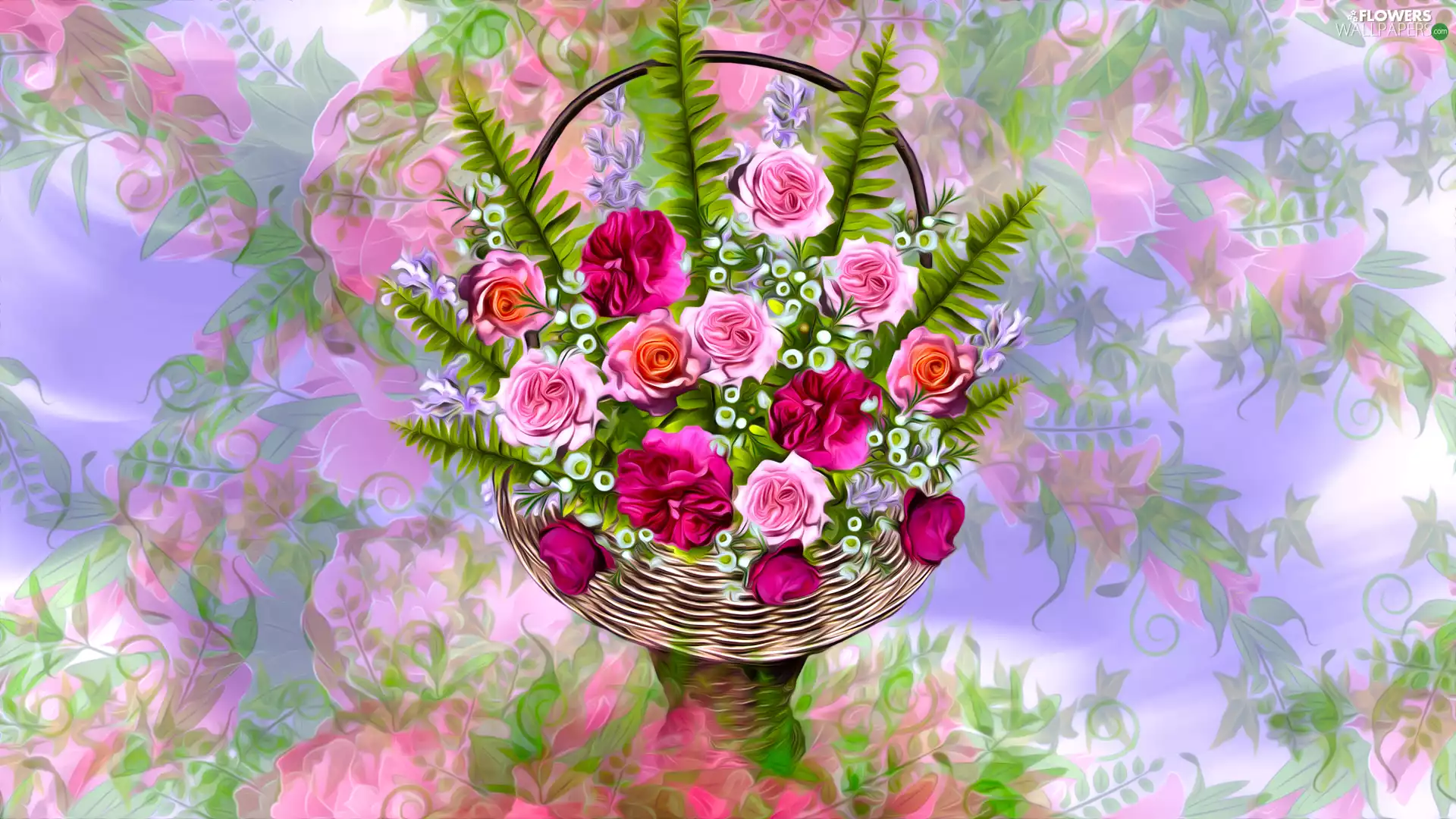 basket, graphics, roses, polypody, Flowers