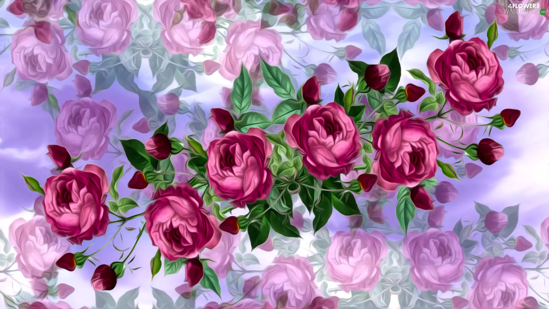 rouge, graphics, roses, six, Flowers