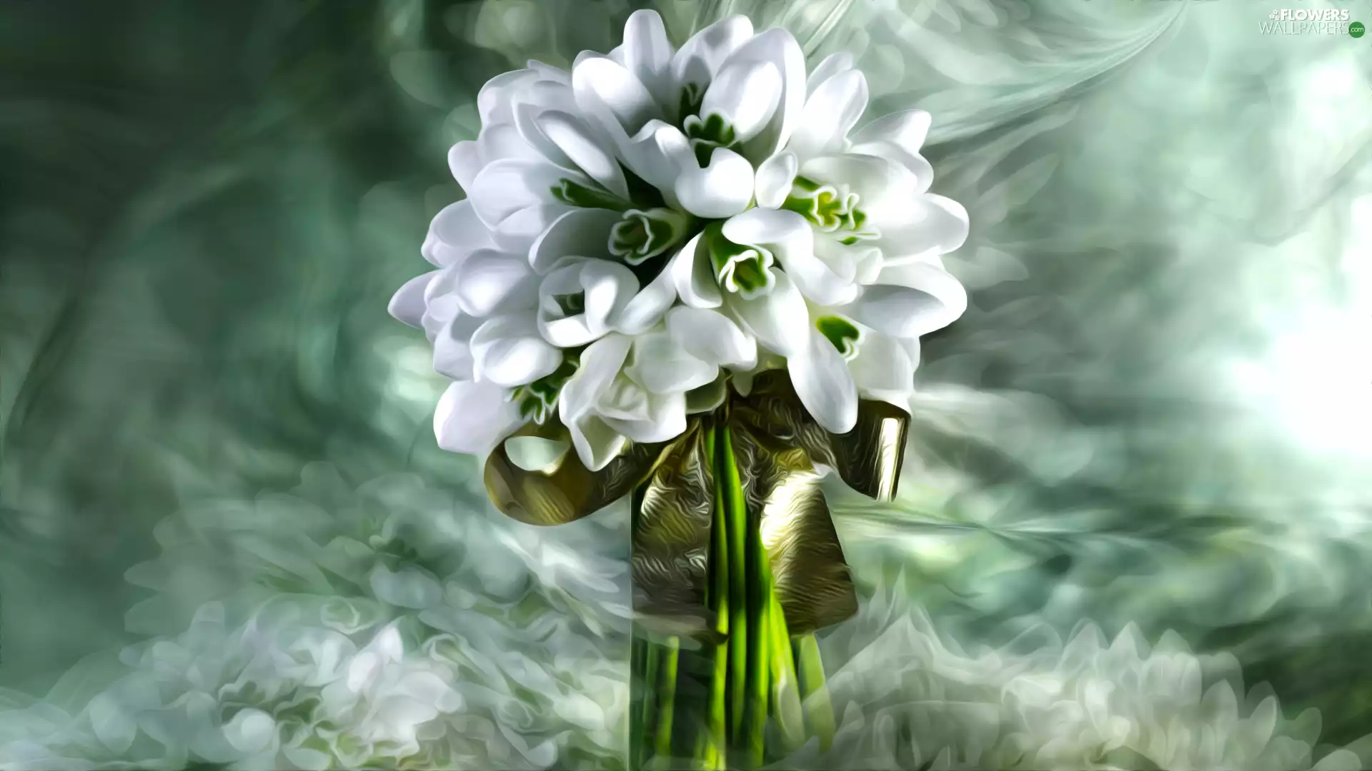 bow, graphics, snowdrops, bouquet, Flowers