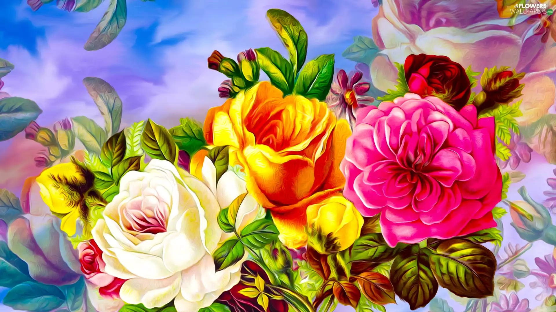 roses, graphics, Three, color, Flowers