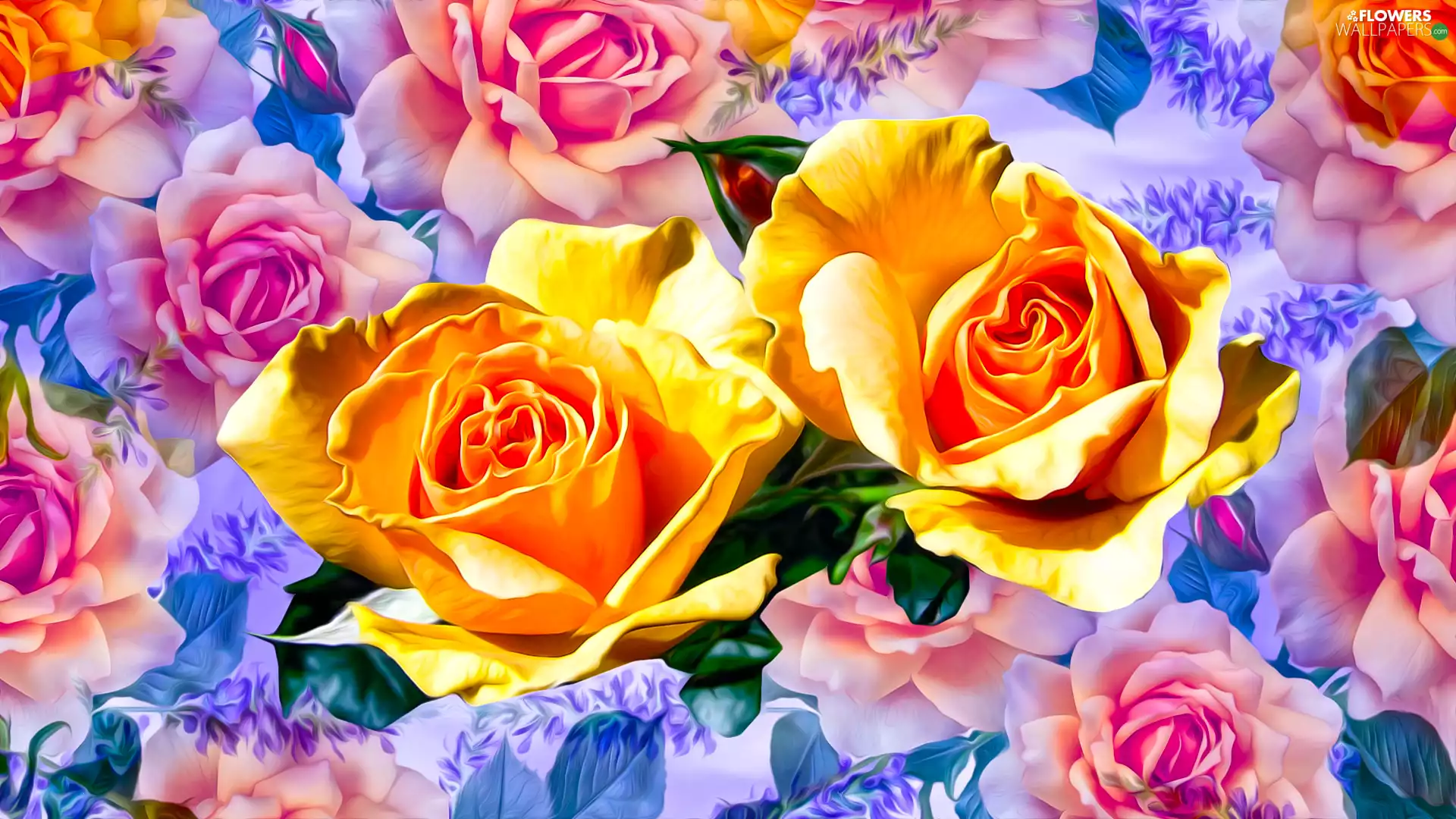 roses, graphics, Two, Yellow, Flowers