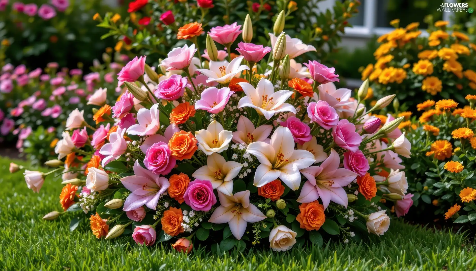 roses, grass, Flowers, lilies, bouquet